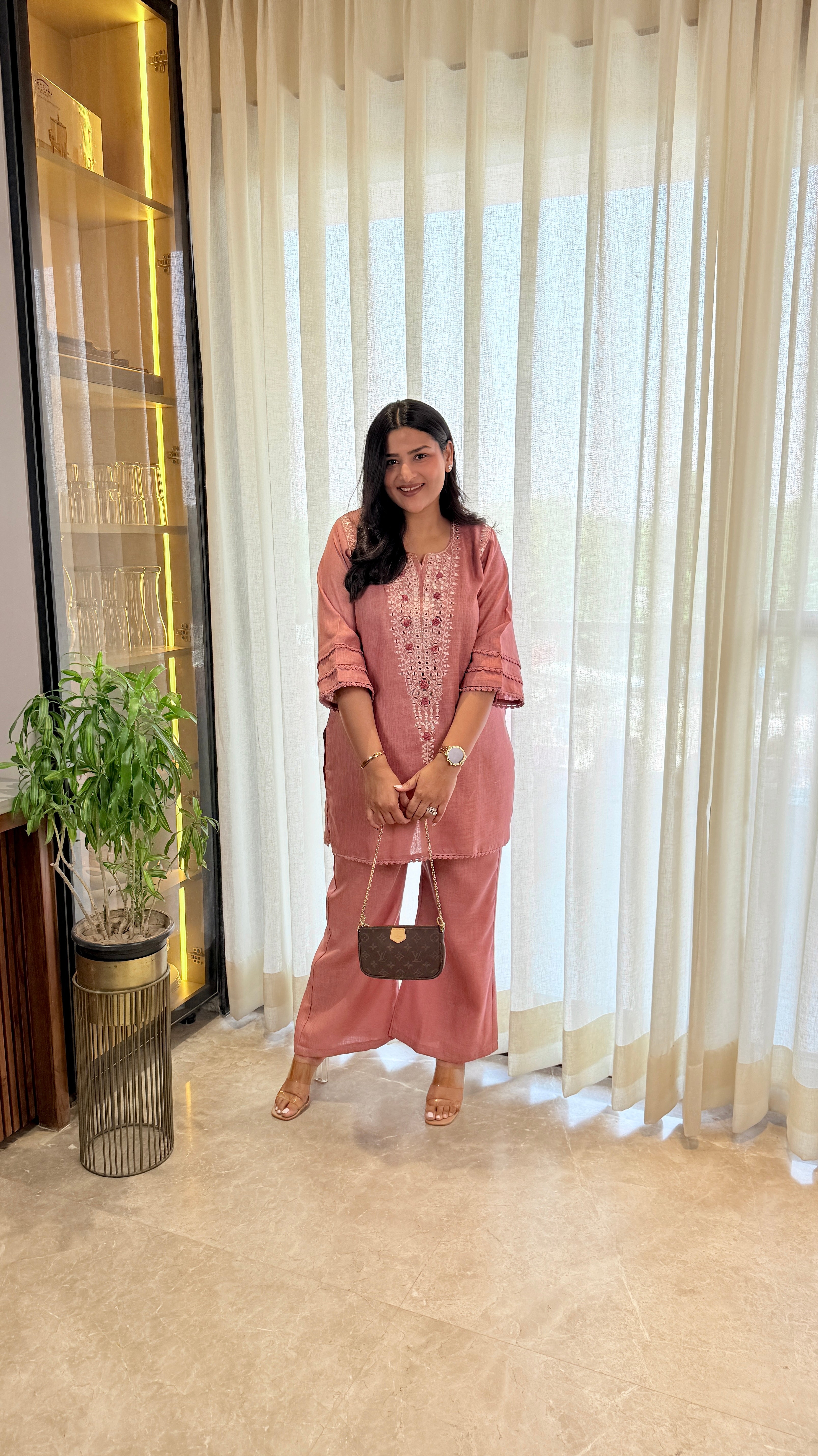 Mirror Work Linen Pink Cord Set shrisa.in