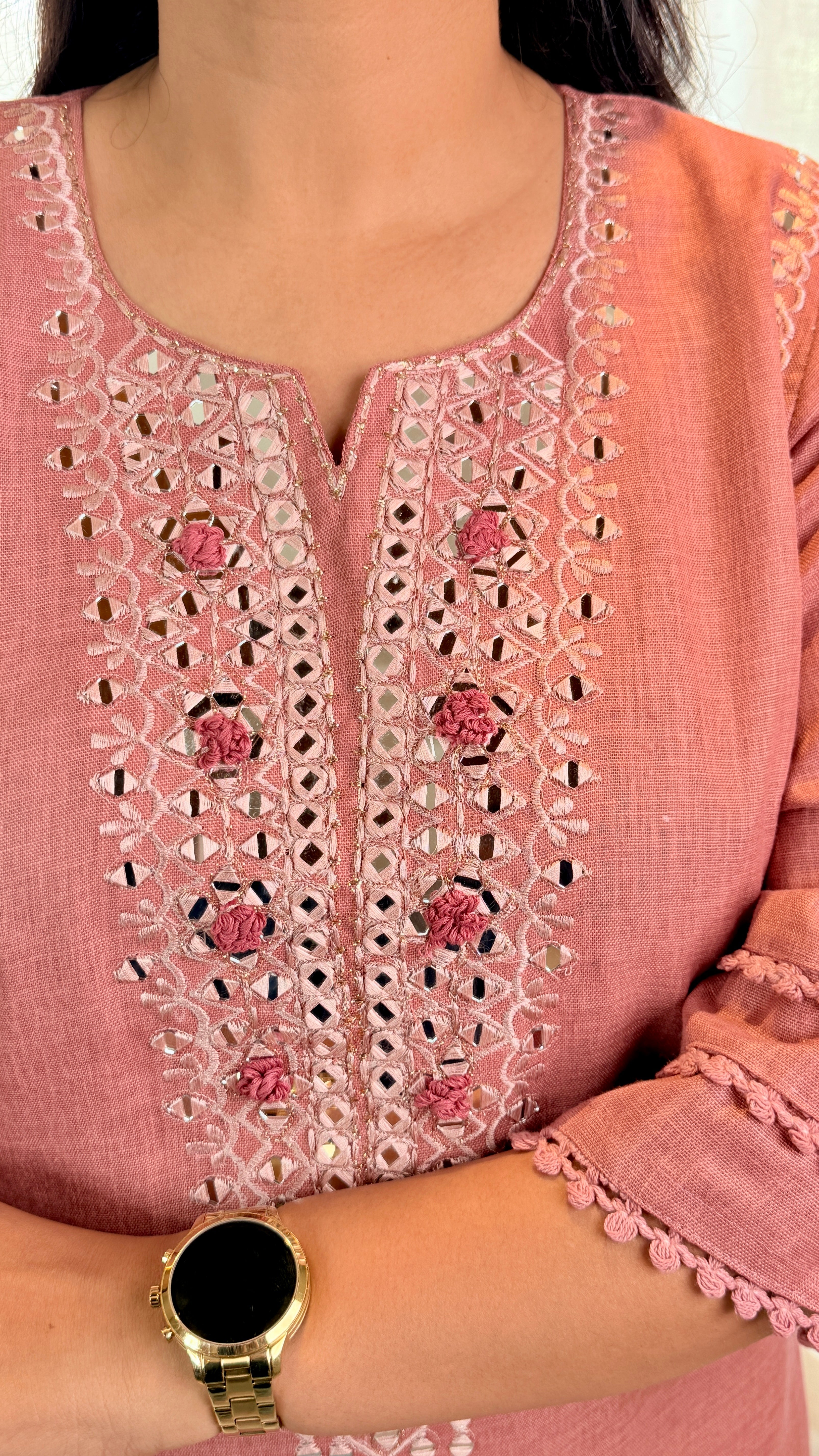 Mirror Work Linen Pink Cord Set shrisa.in