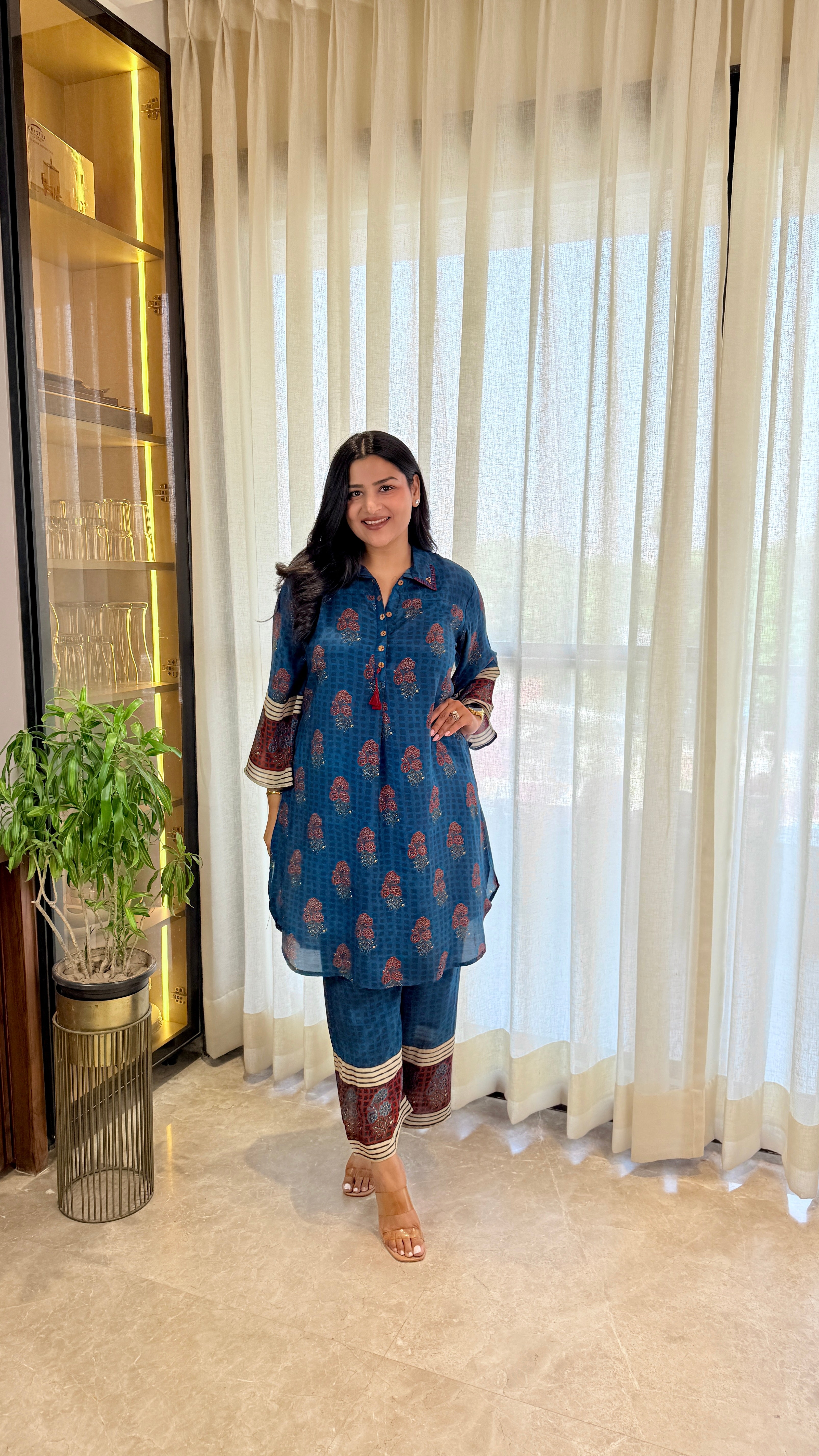 Blue Ajrakh Pure Muslin Cord Set shrisa.in
