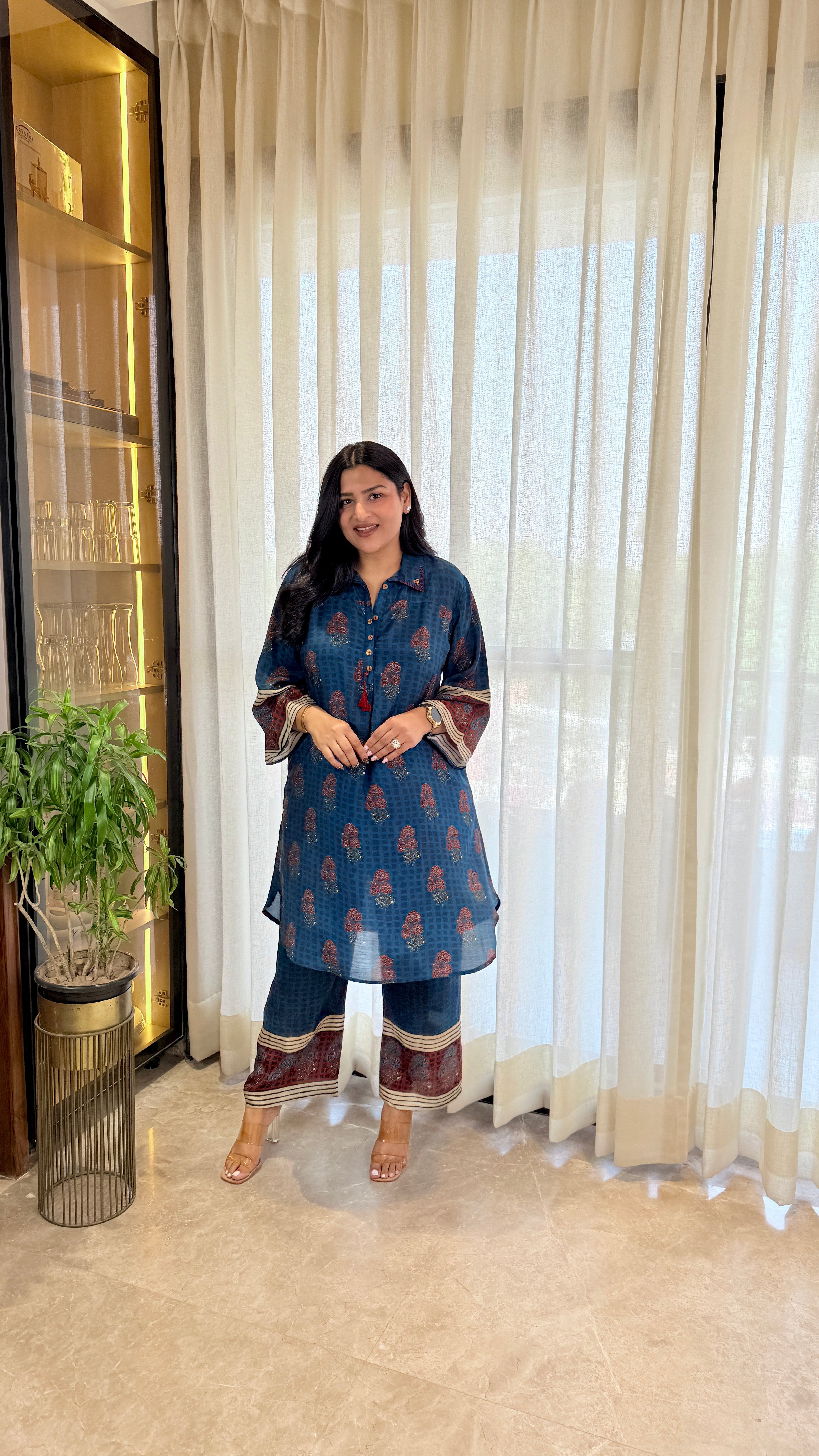 Blue Ajrakh Pure Muslin Cord Set shrisa.in