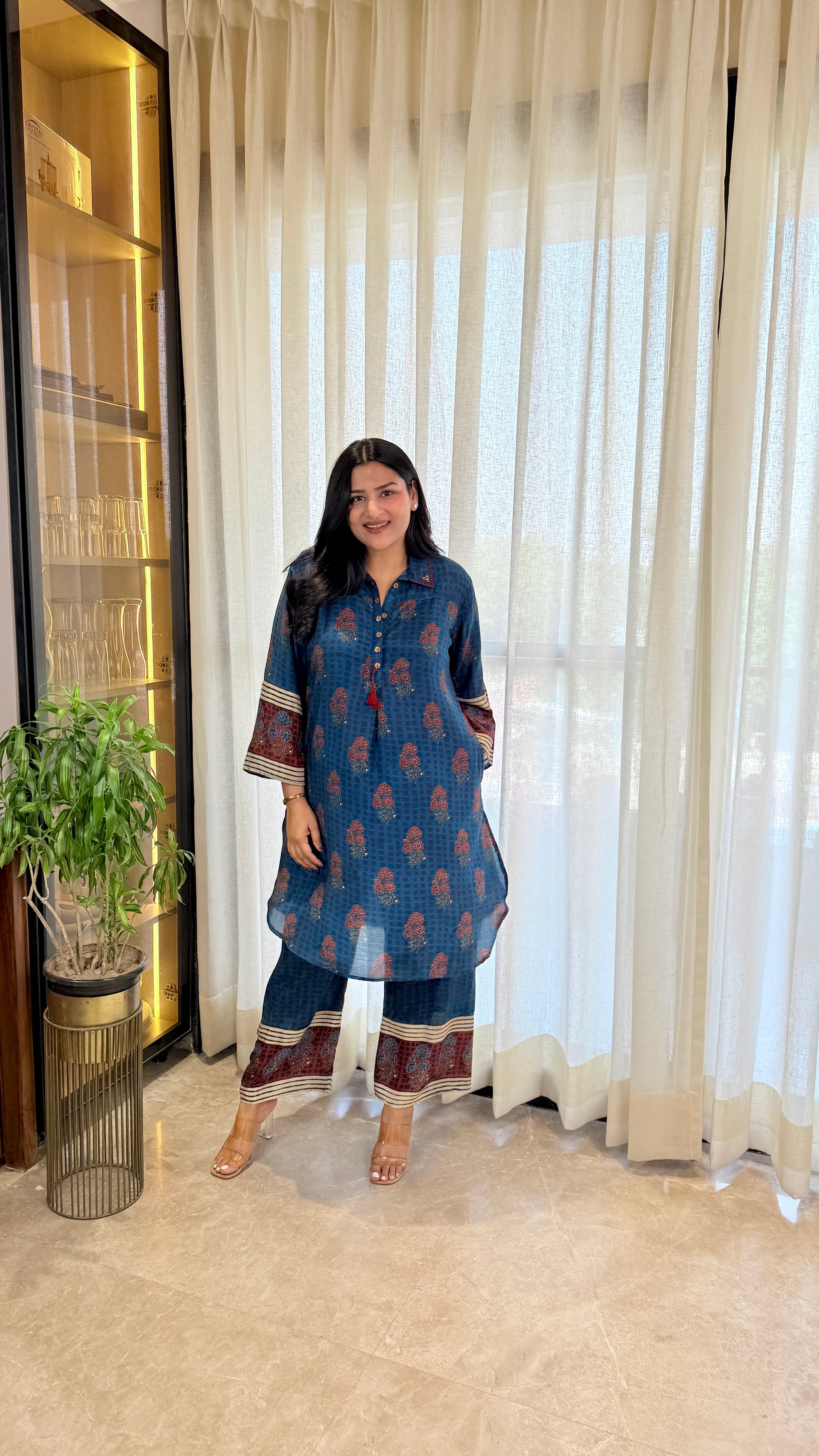 Blue Ajrakh Pure Muslin Cord Set shrisa.in
