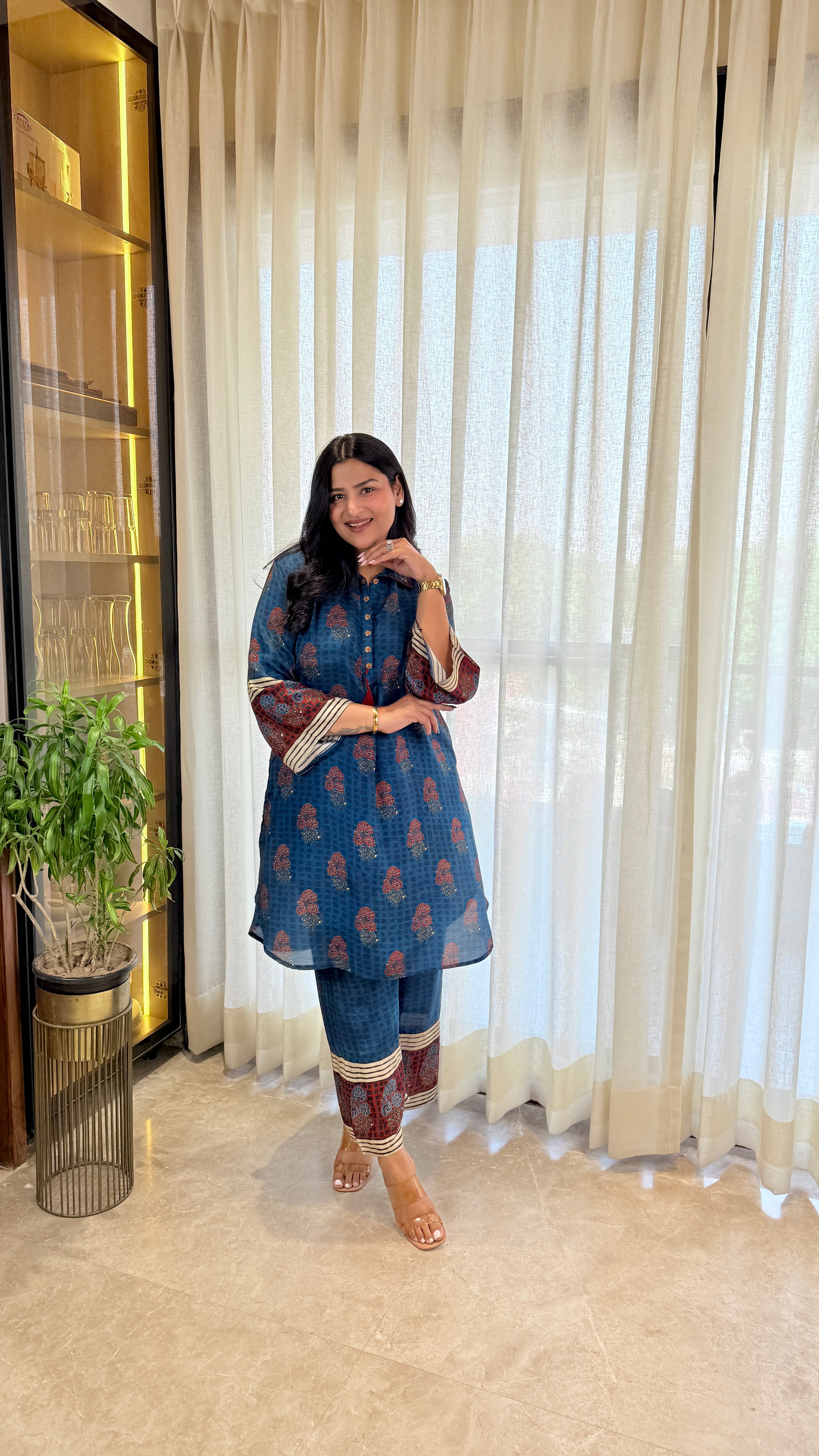 Blue Ajrakh Pure Muslin Cord Set shrisa.in