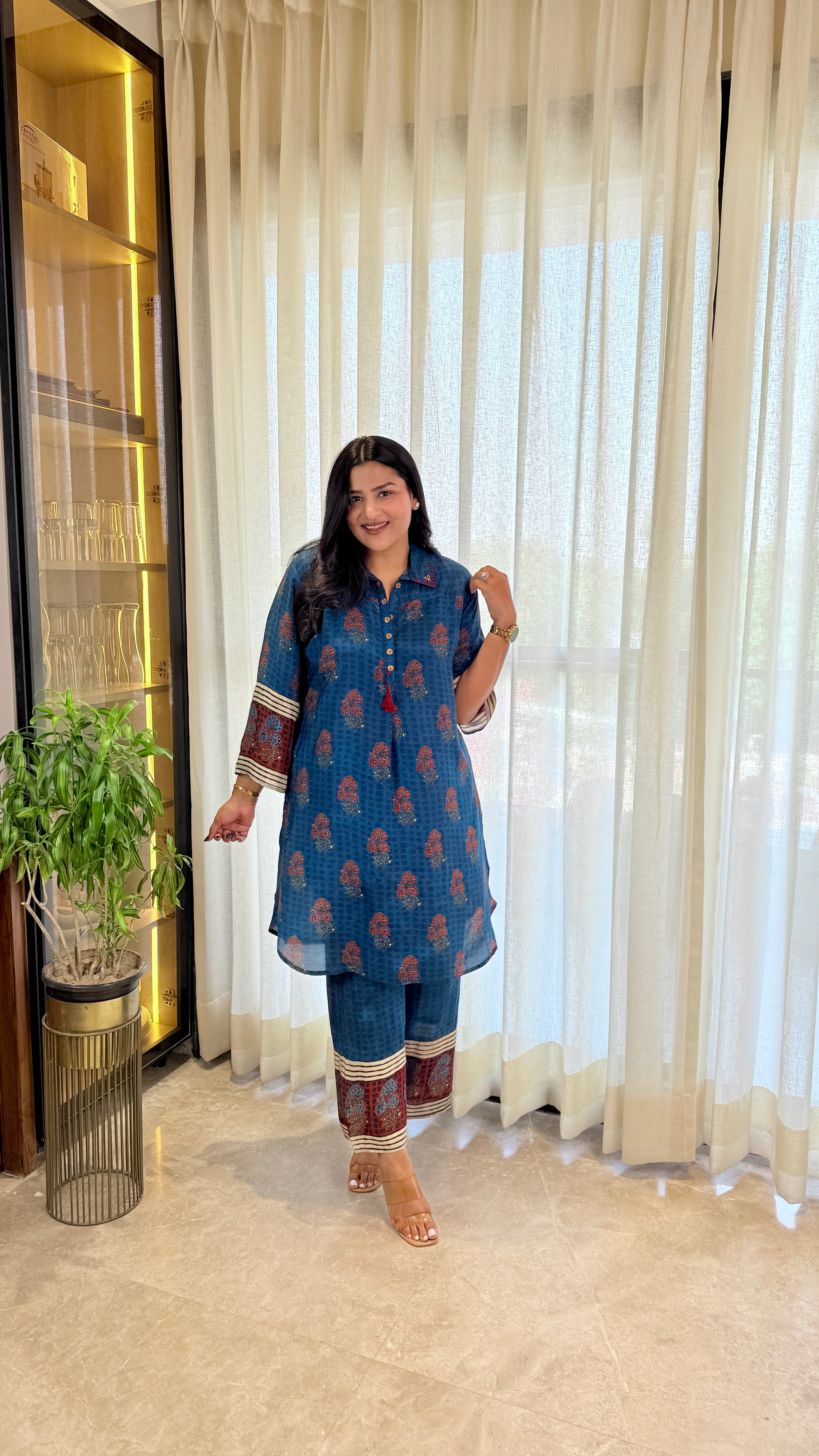 Blue Ajrakh Pure Muslin Cord Set shrisa.in