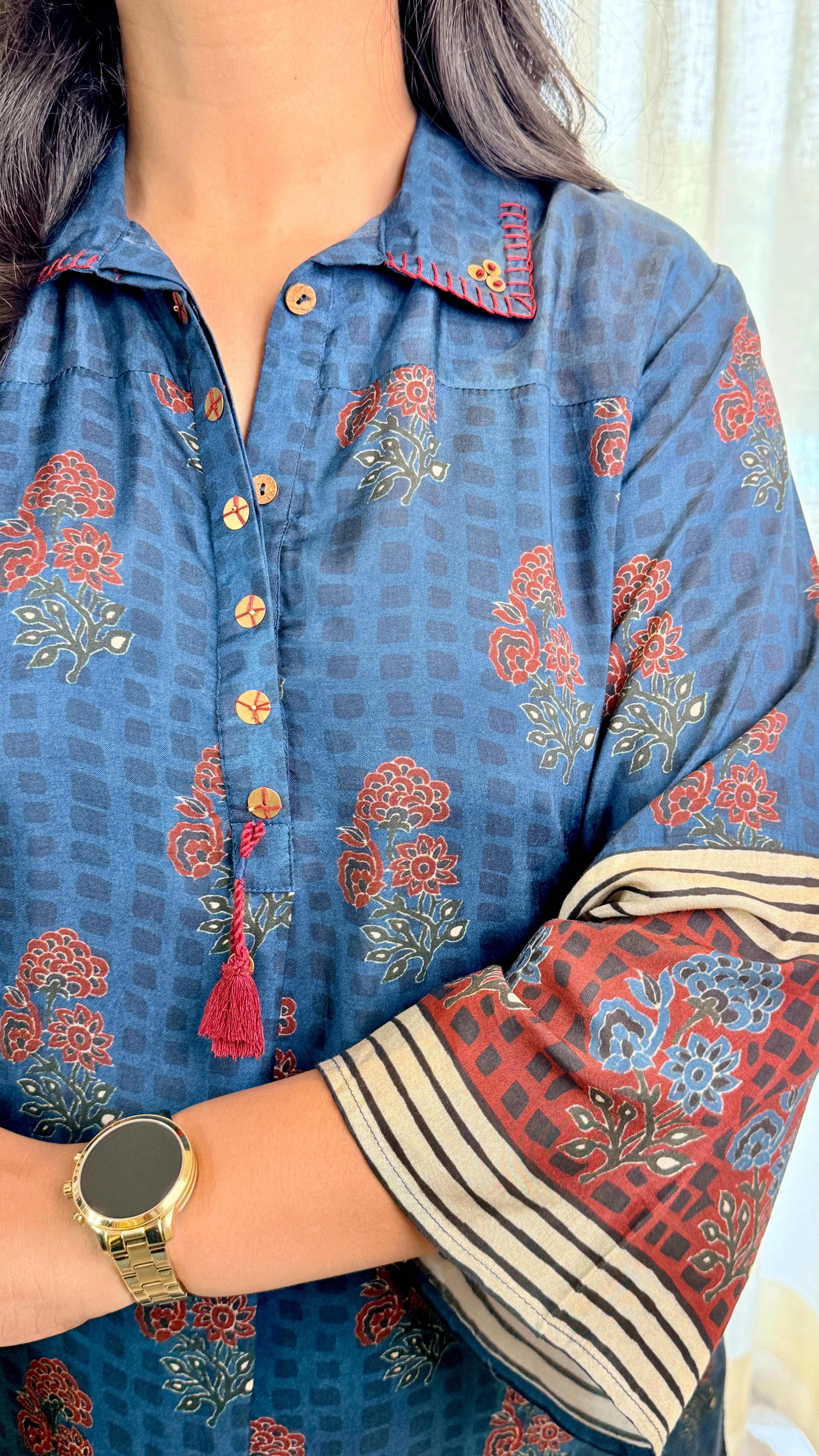 Blue Ajrakh Pure Muslin Cord Set shrisa.in