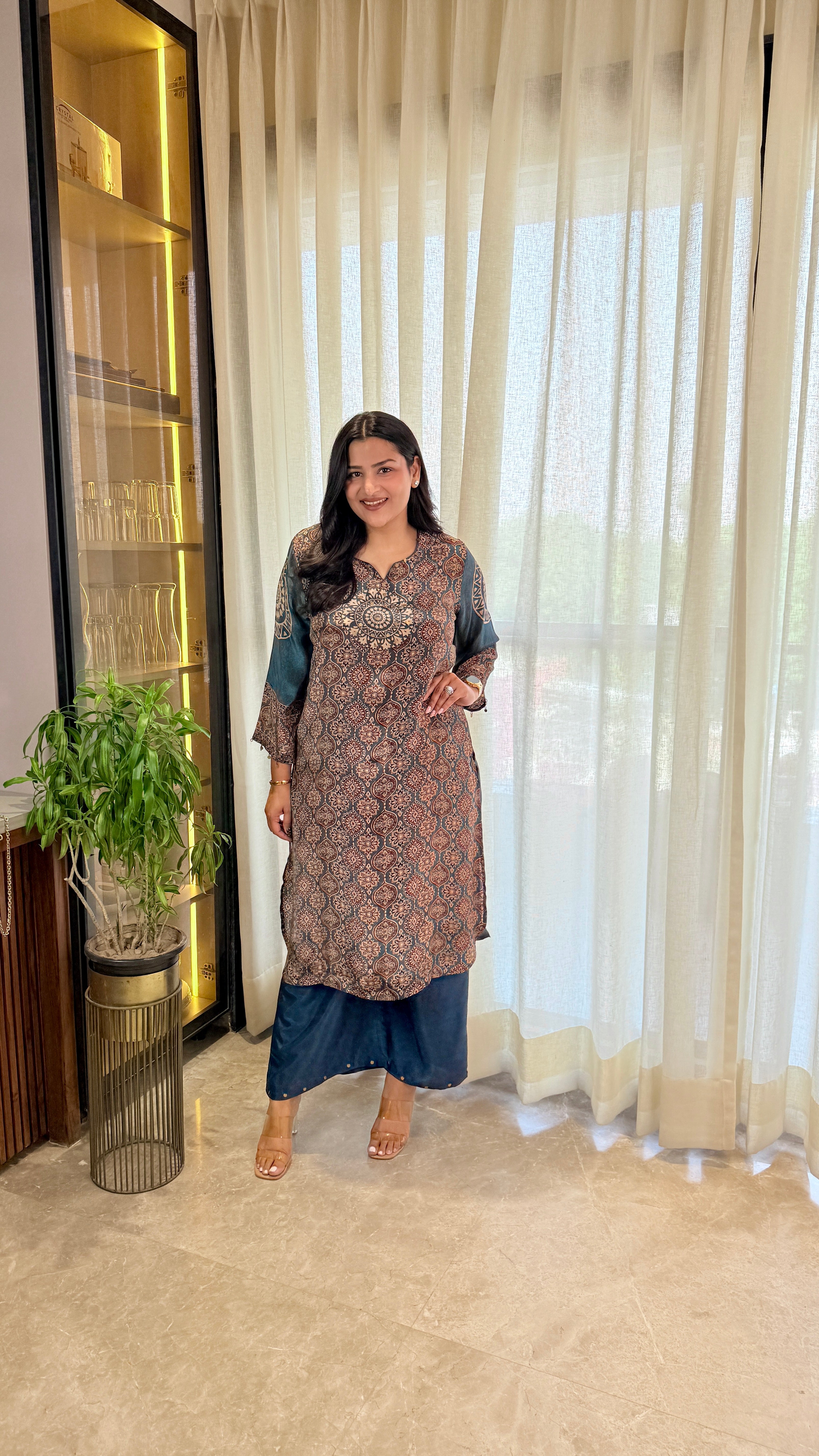 Blue Kalamkari Circle Pure Muslin Kurta Pants shrisa.in