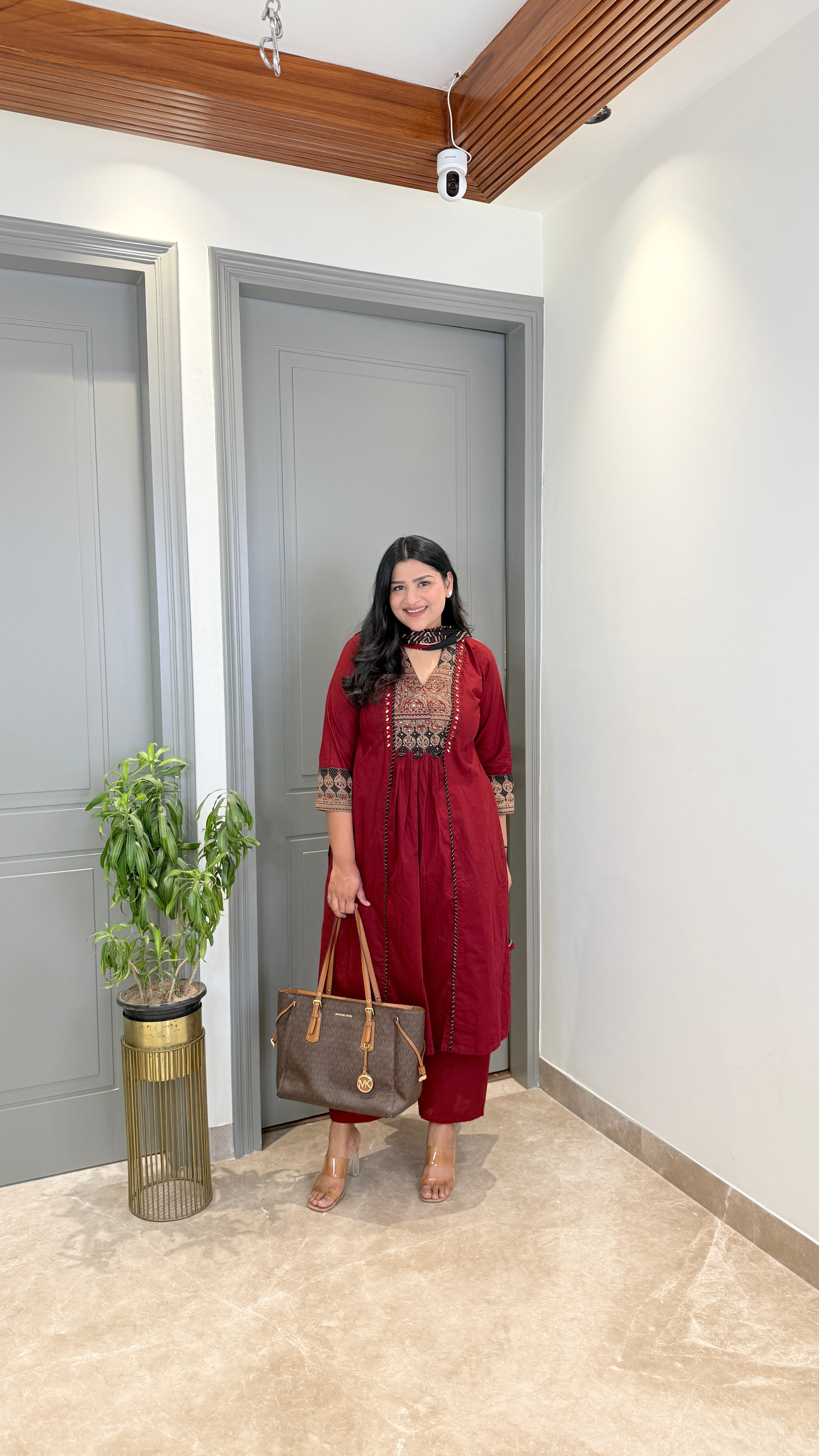 Red Kalamkari Staple Neck Suit Set shrisa.in