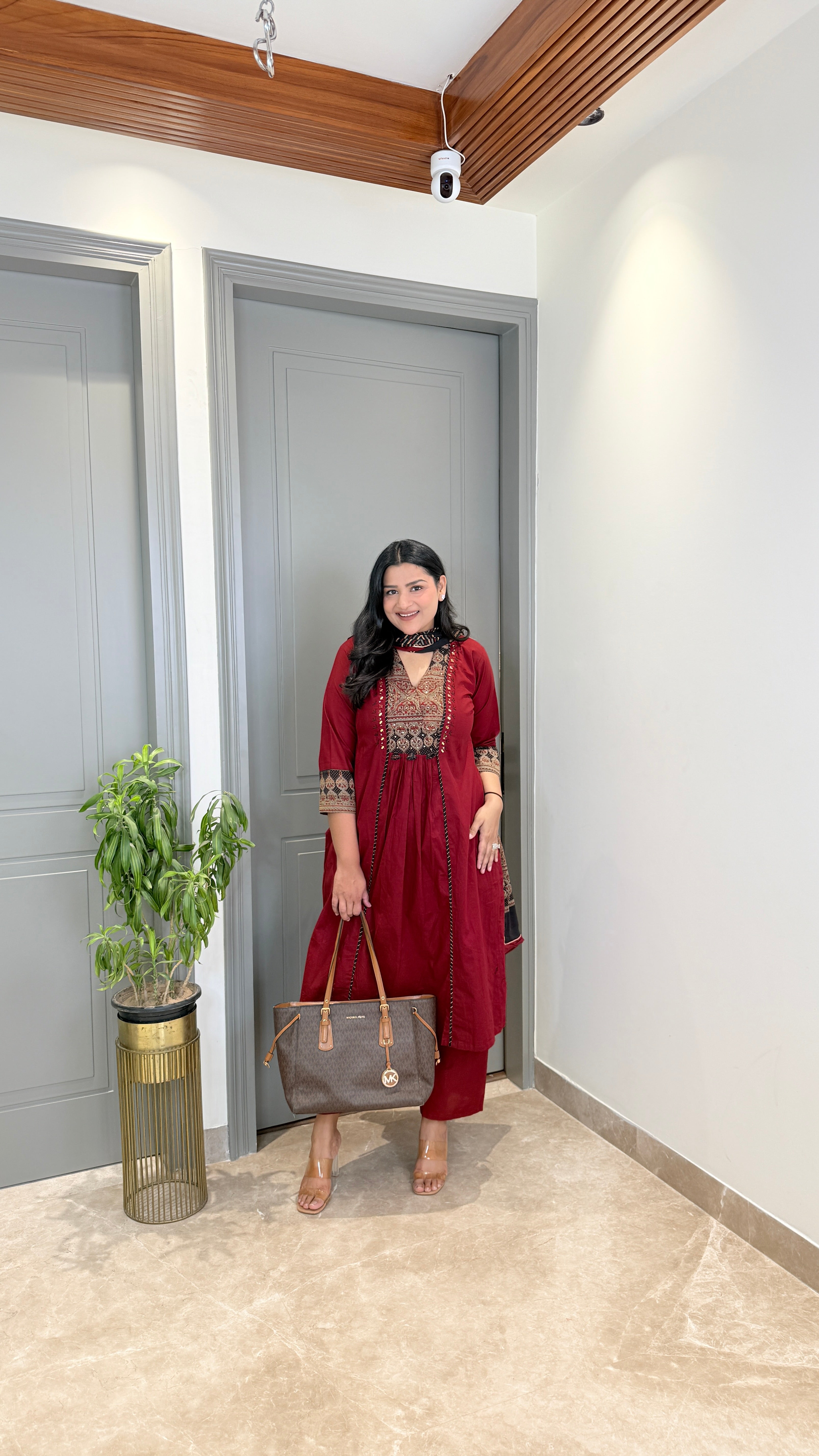 Red Kalamkari Staple Neck Suit Set shrisa.in