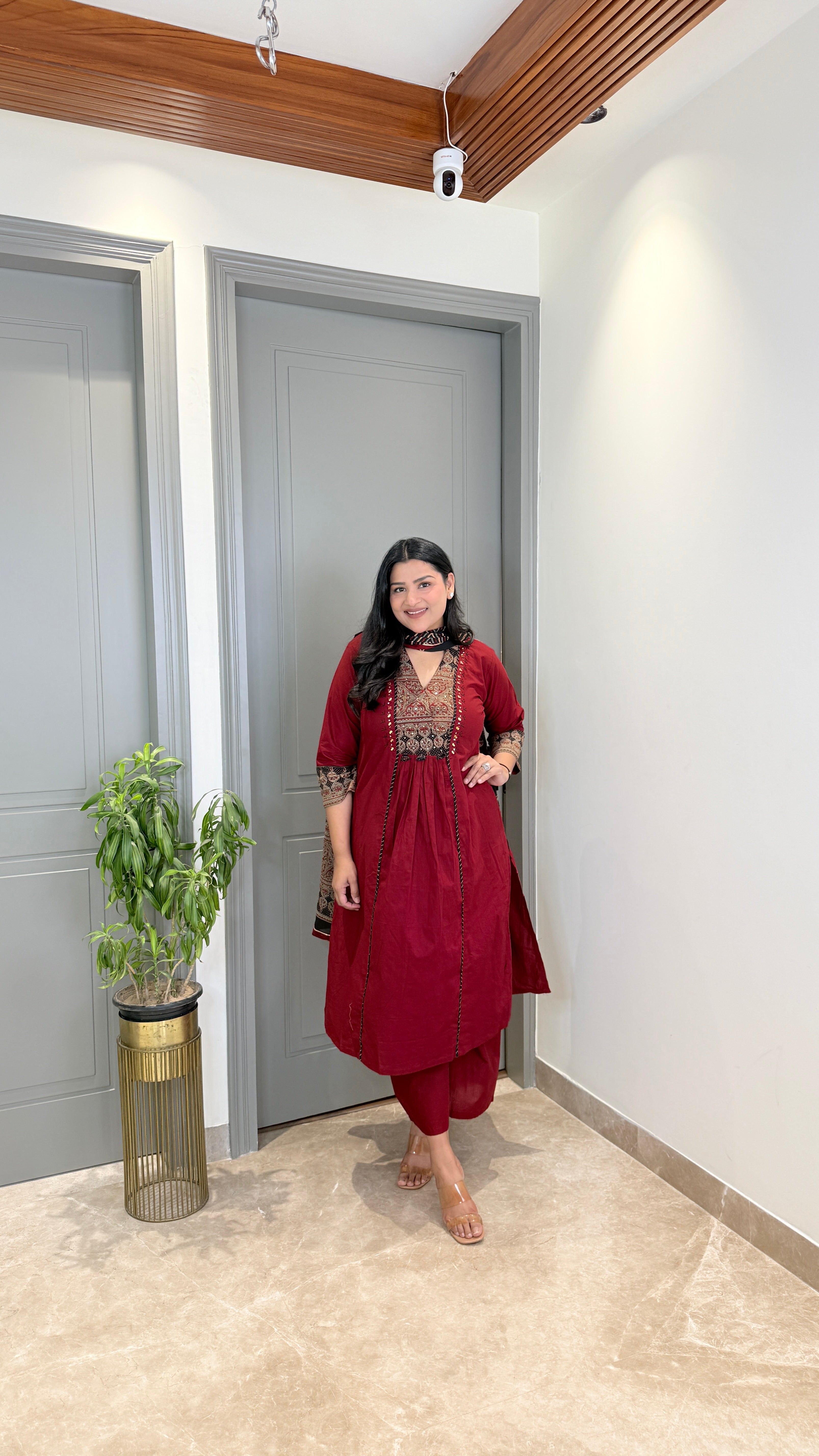 Red Kalamkari Staple Neck Suit Set shrisa.in