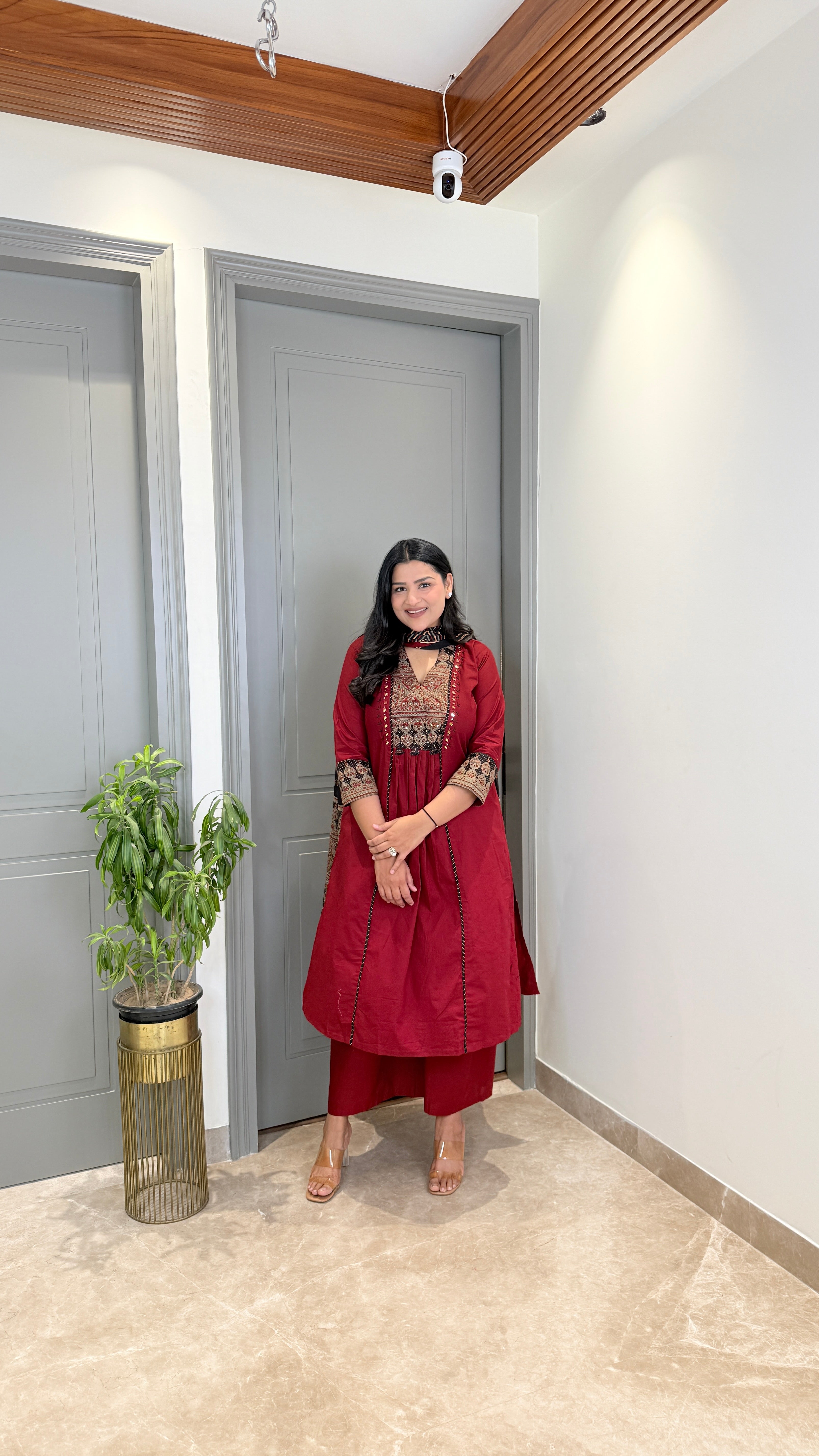 Red Kalamkari Staple Neck Suit Set shrisa.in