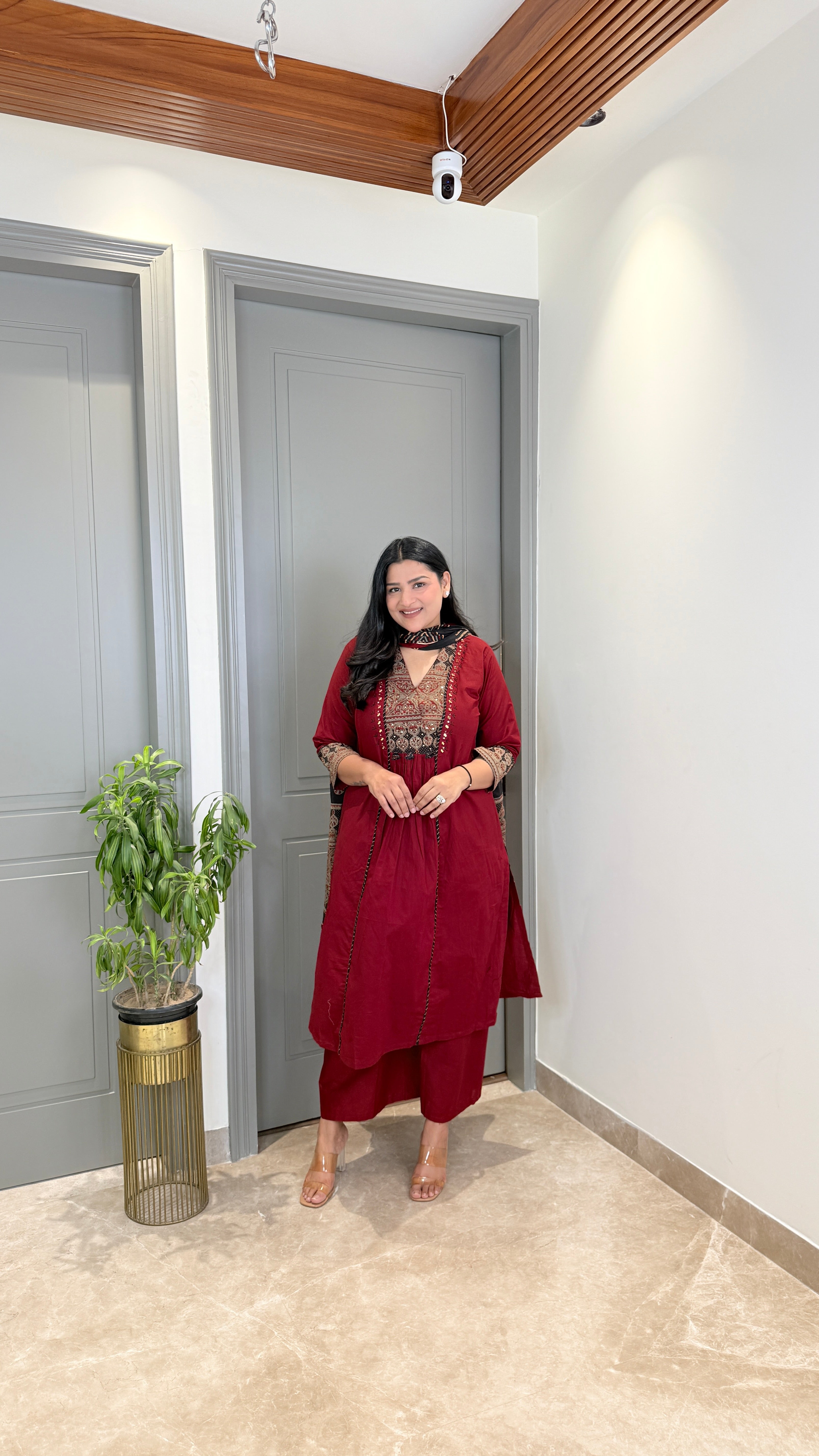 Red Kalamkari Staple Neck Suit Set shrisa.in