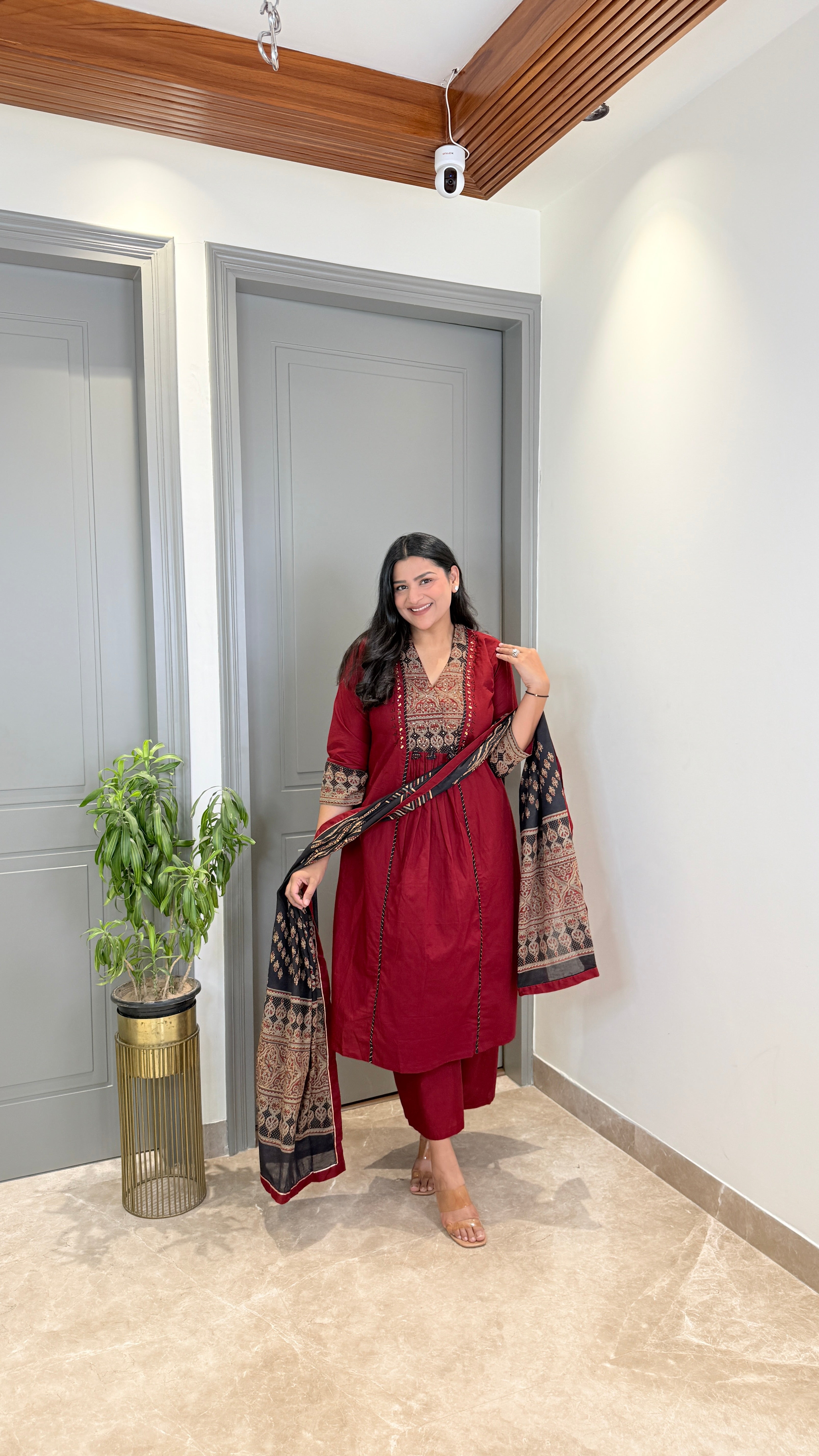 Red Kalamkari Staple Neck Suit Set shrisa.in