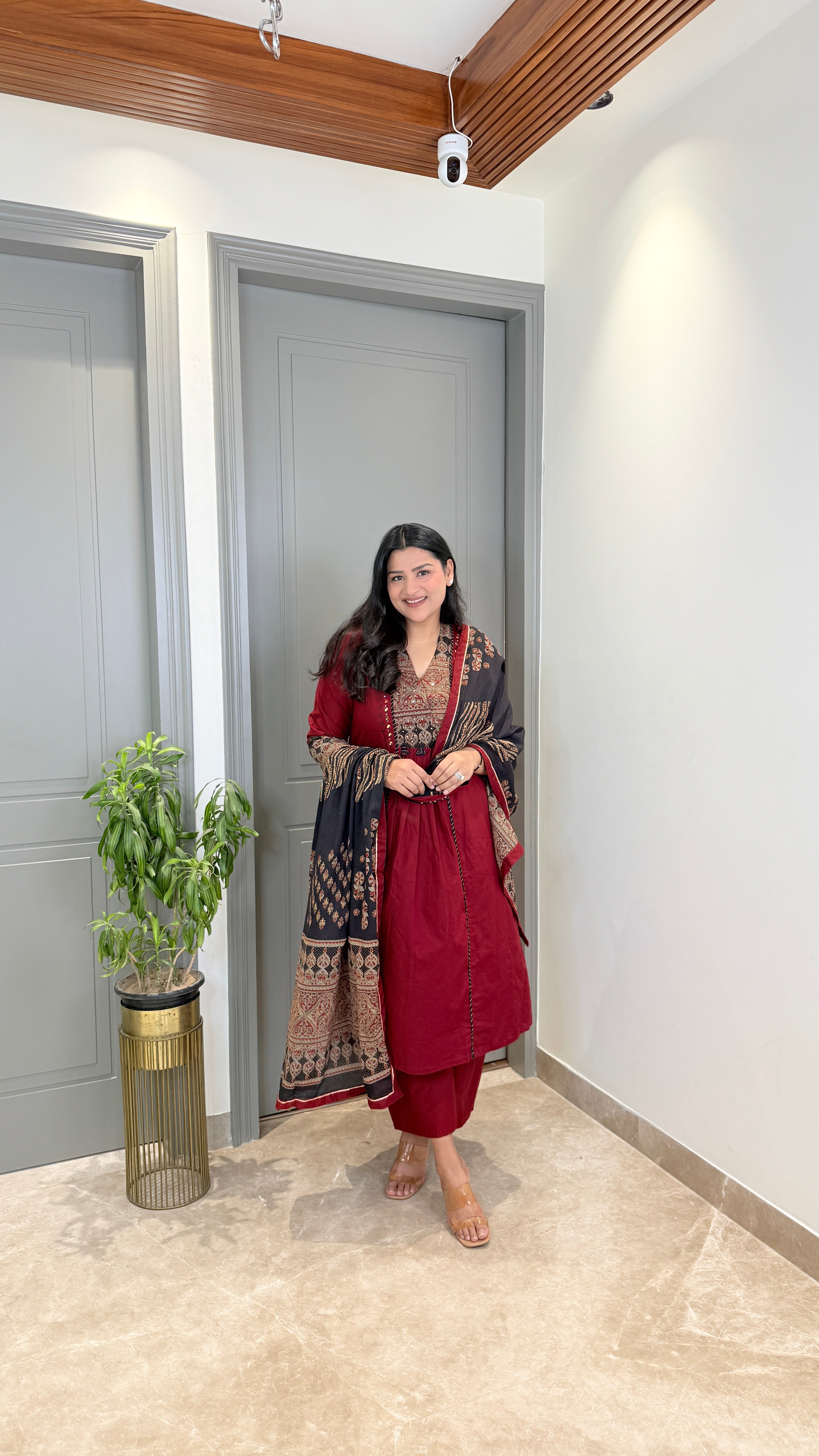 Red Kalamkari Staple Neck Suit Set shrisa.in