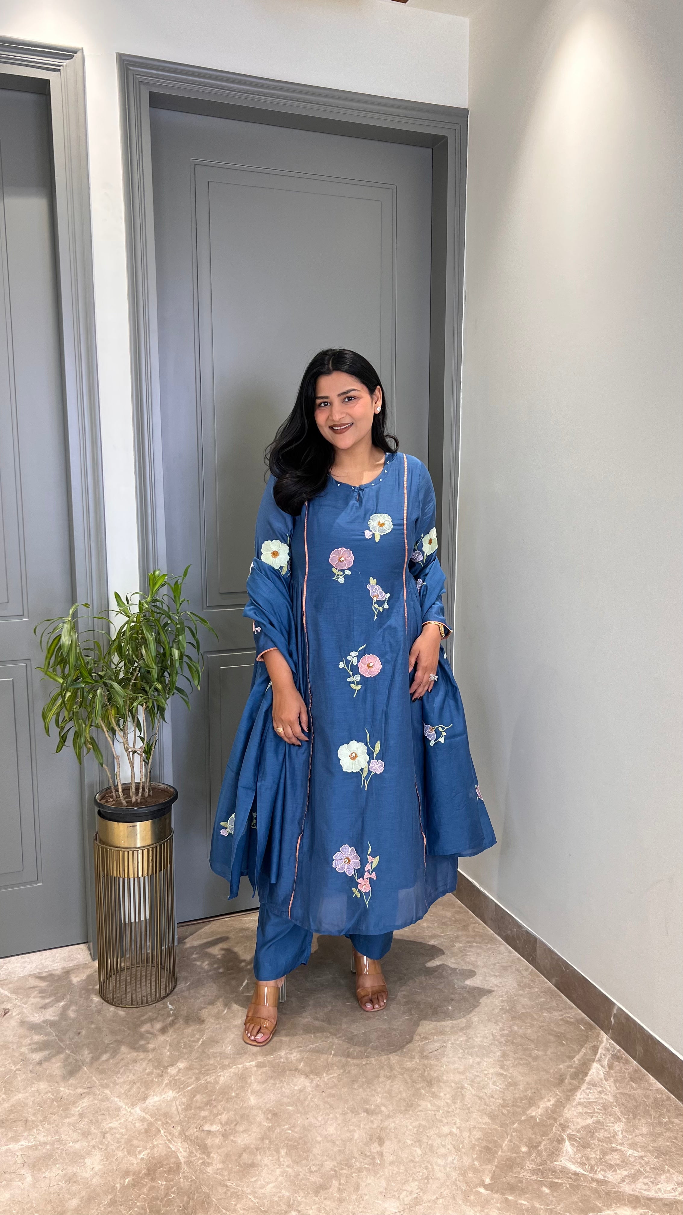 Teal Blue Flower Motif Premium Suit shrisa.in