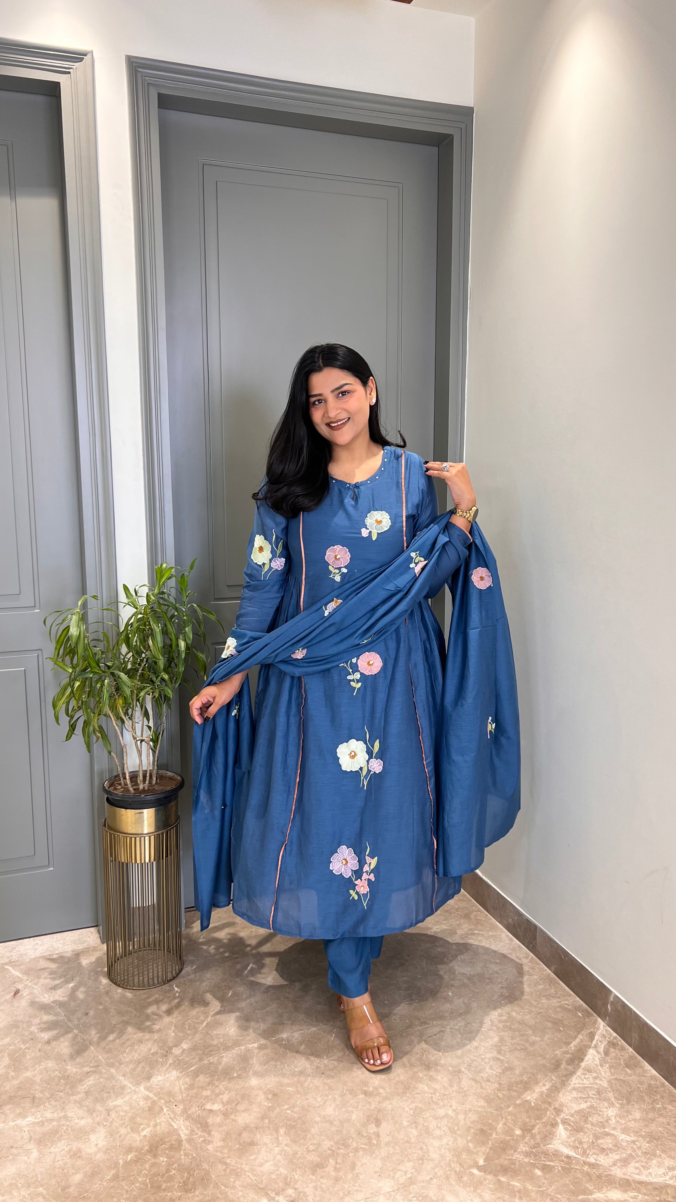 Teal Blue Flower Motif Premium Suit shrisa.in