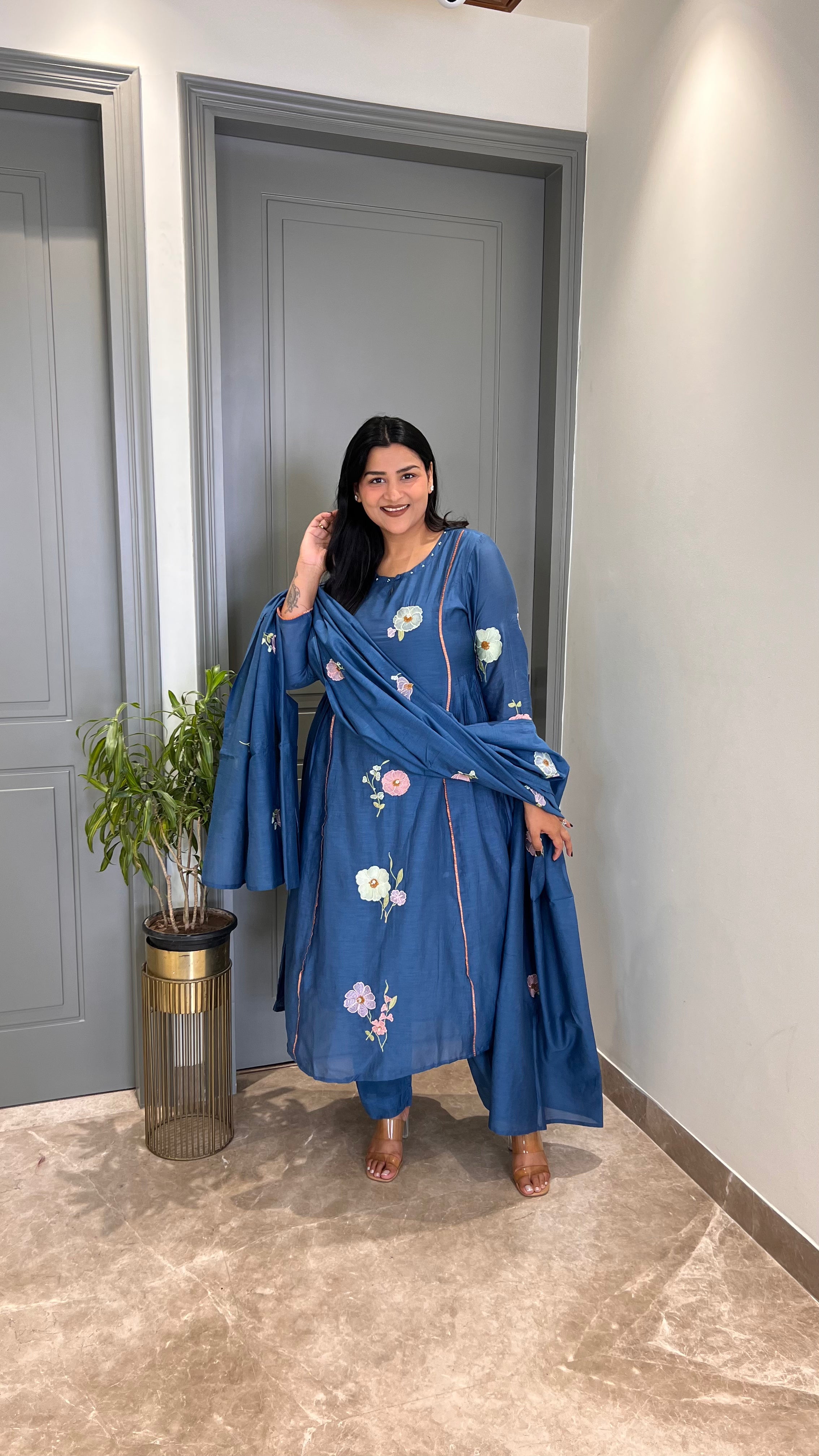 Teal Blue Flower Motif Premium Suit shrisa.in