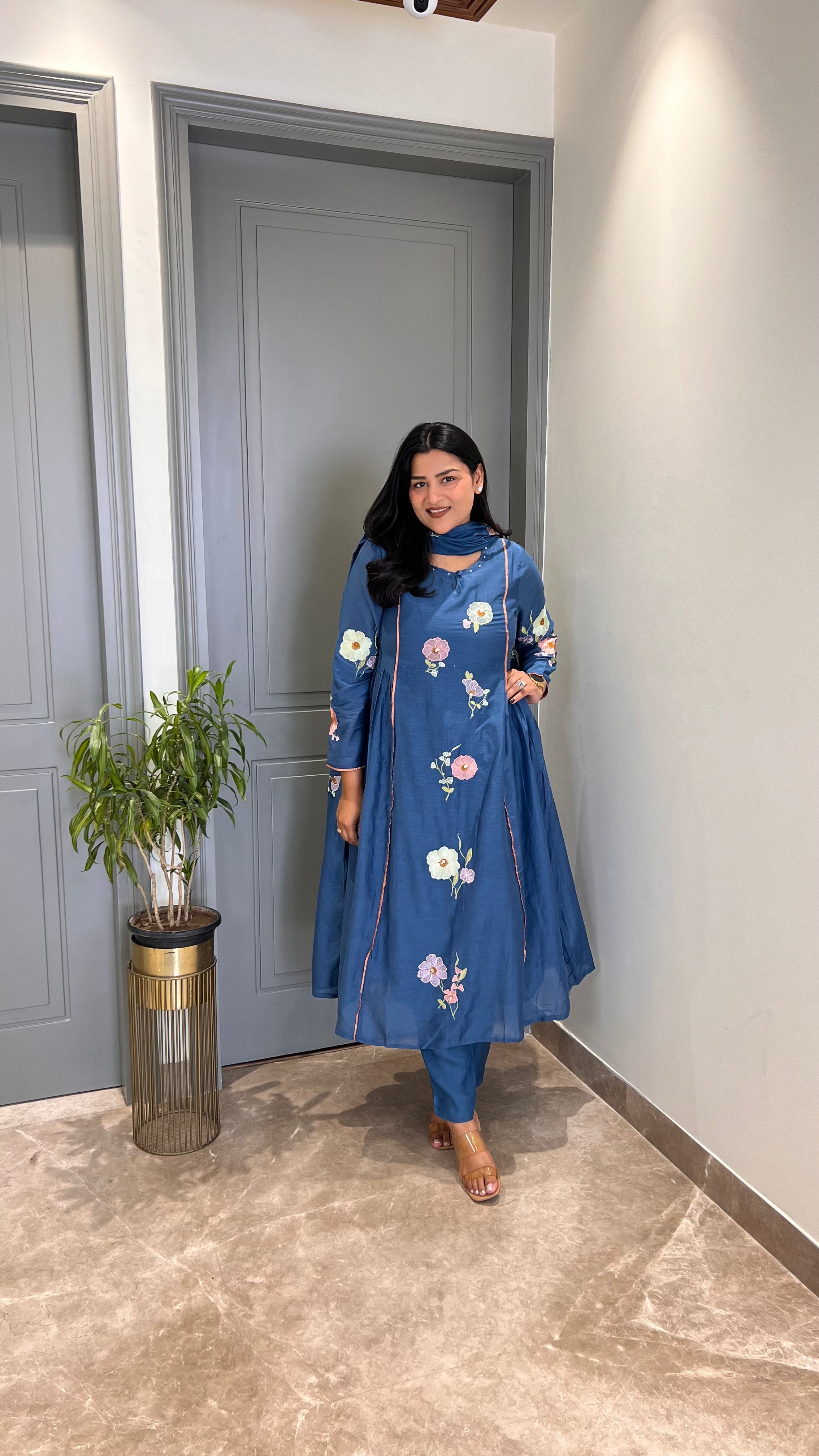 Teal Blue Flower Motif Premium Suit shrisa.in