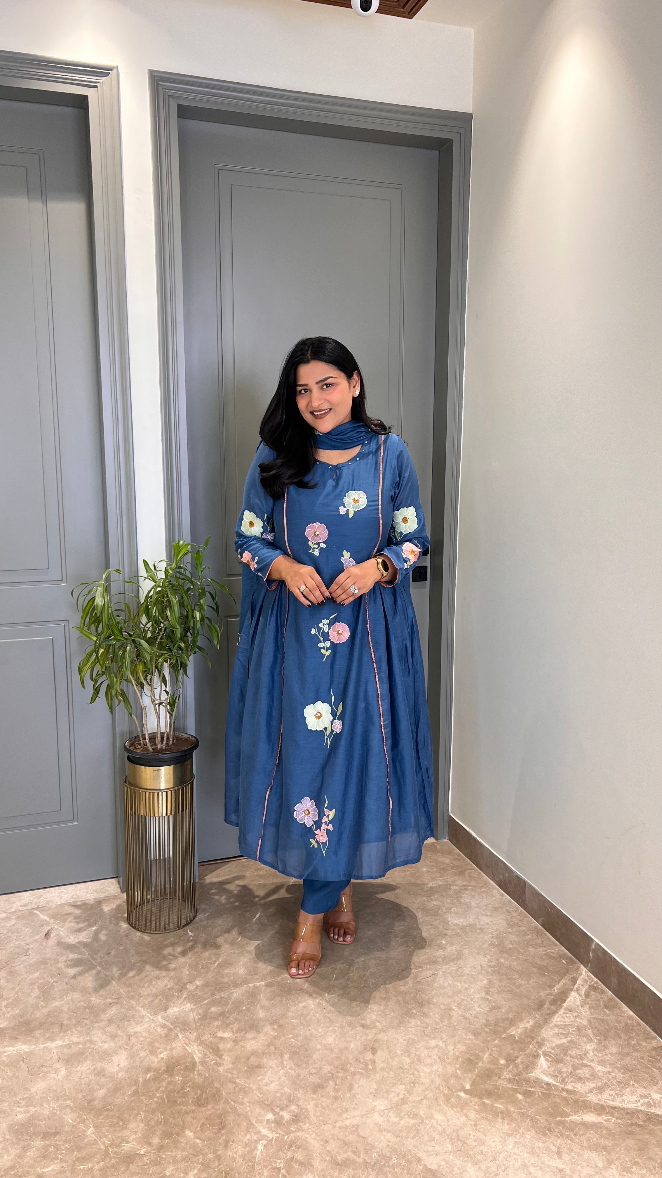 Teal Blue Flower Motif Premium Suit shrisa.in