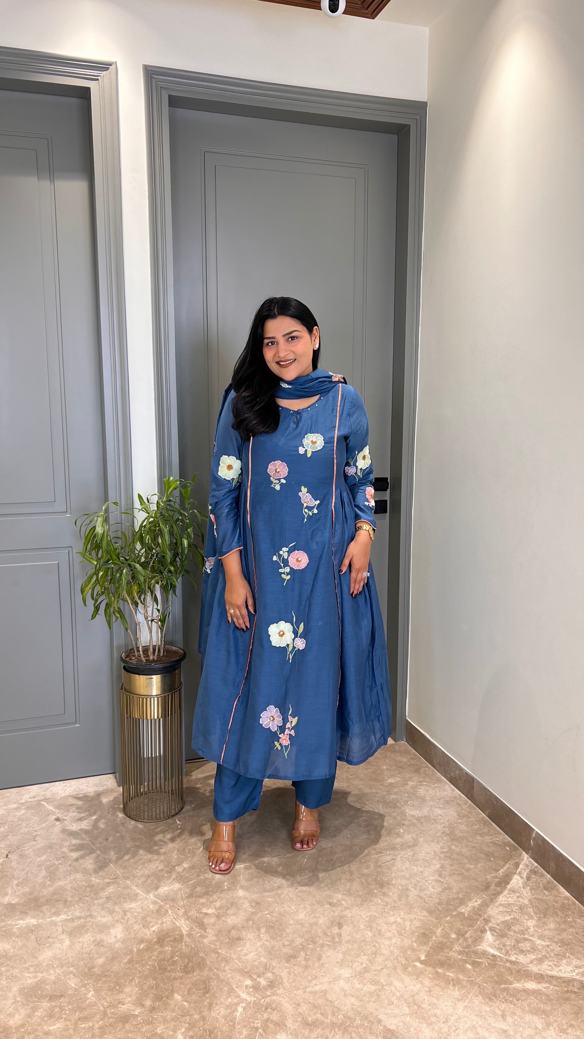 Teal Blue Flower Motif Premium Suit shrisa.in