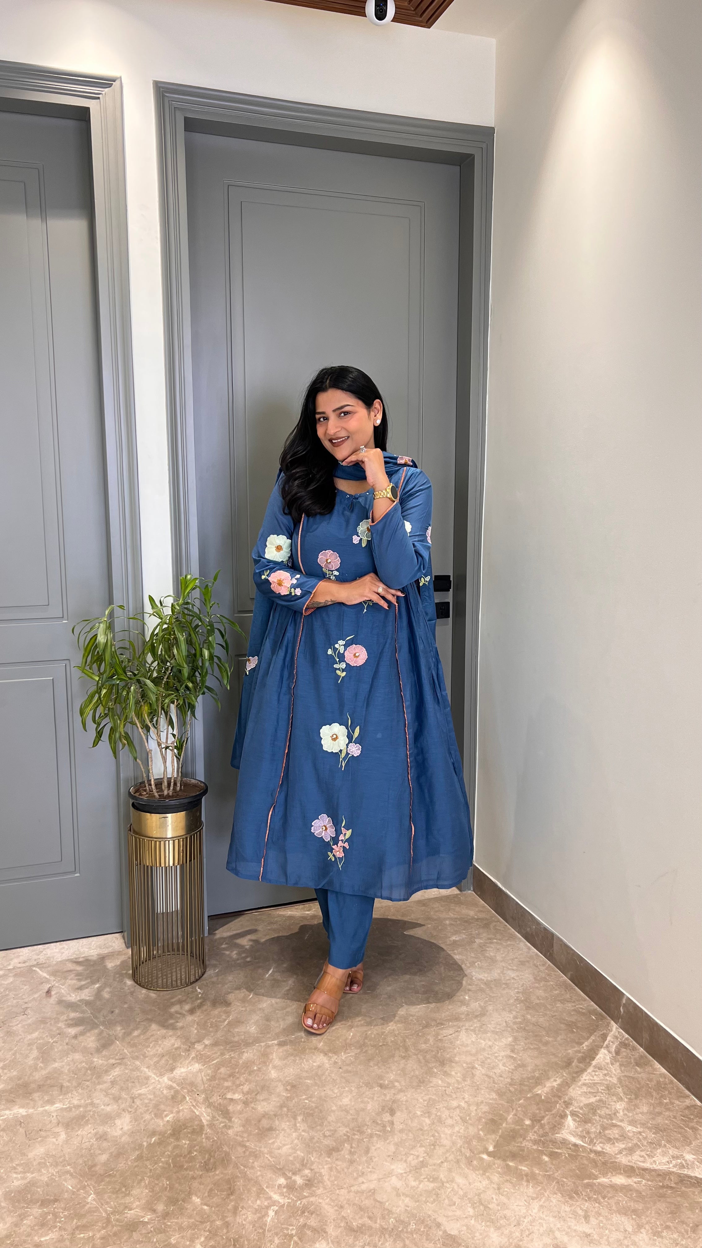 Teal Blue Flower Motif Premium Suit shrisa.in