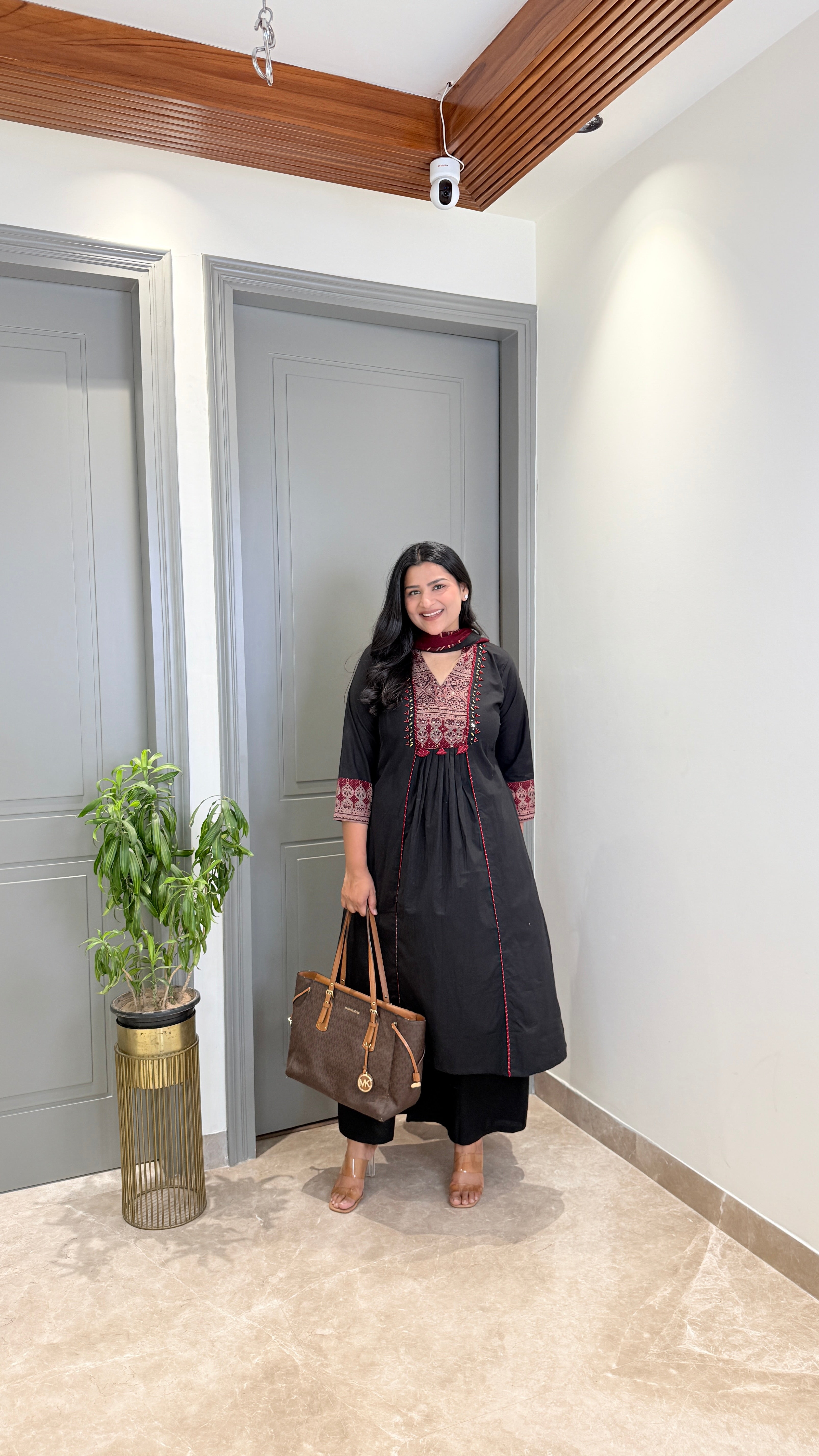 Black Kalamkari Staple Neck Suit Set shrisa.in