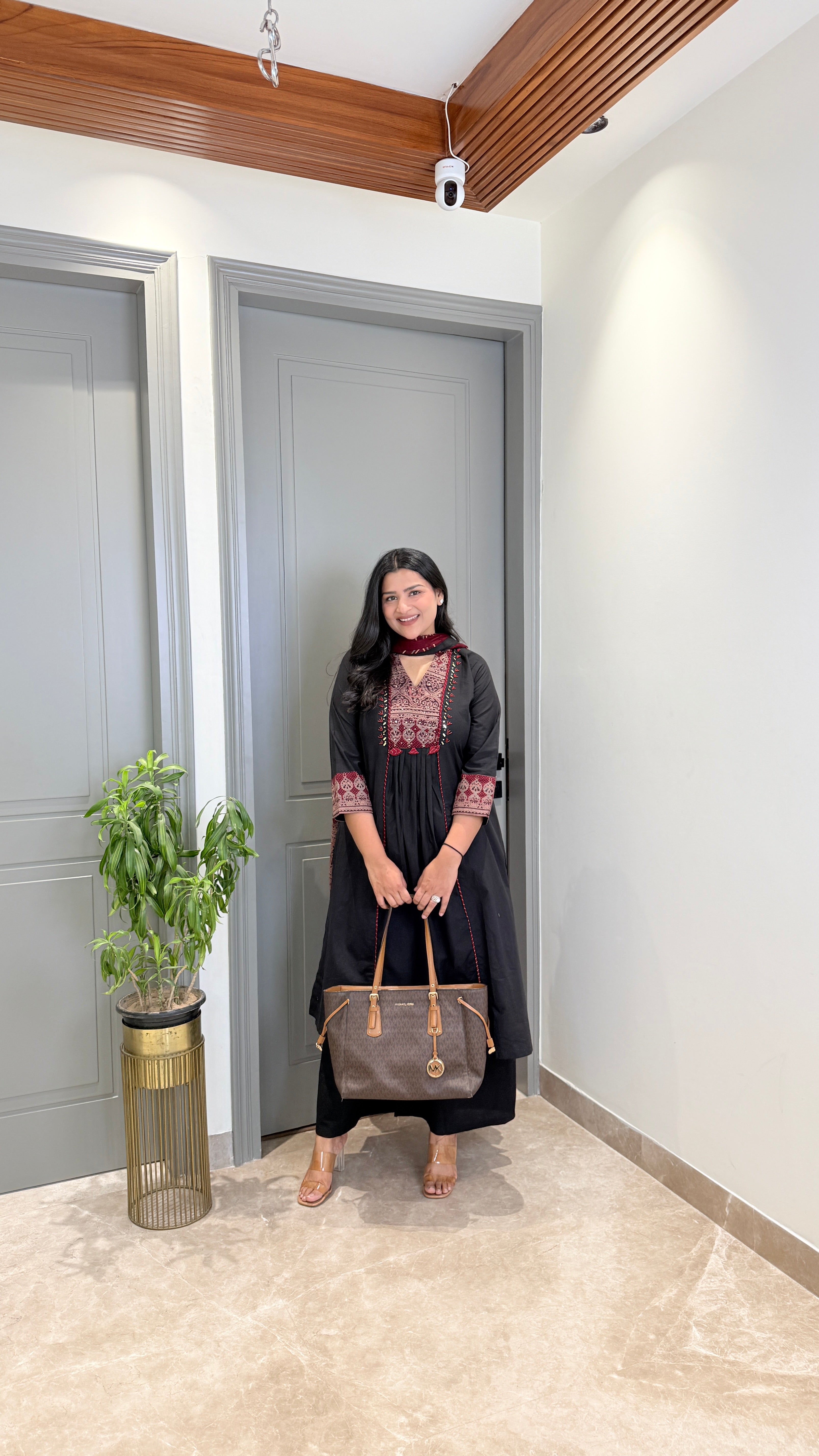 Black Kalamkari Staple Neck Suit Set shrisa.in