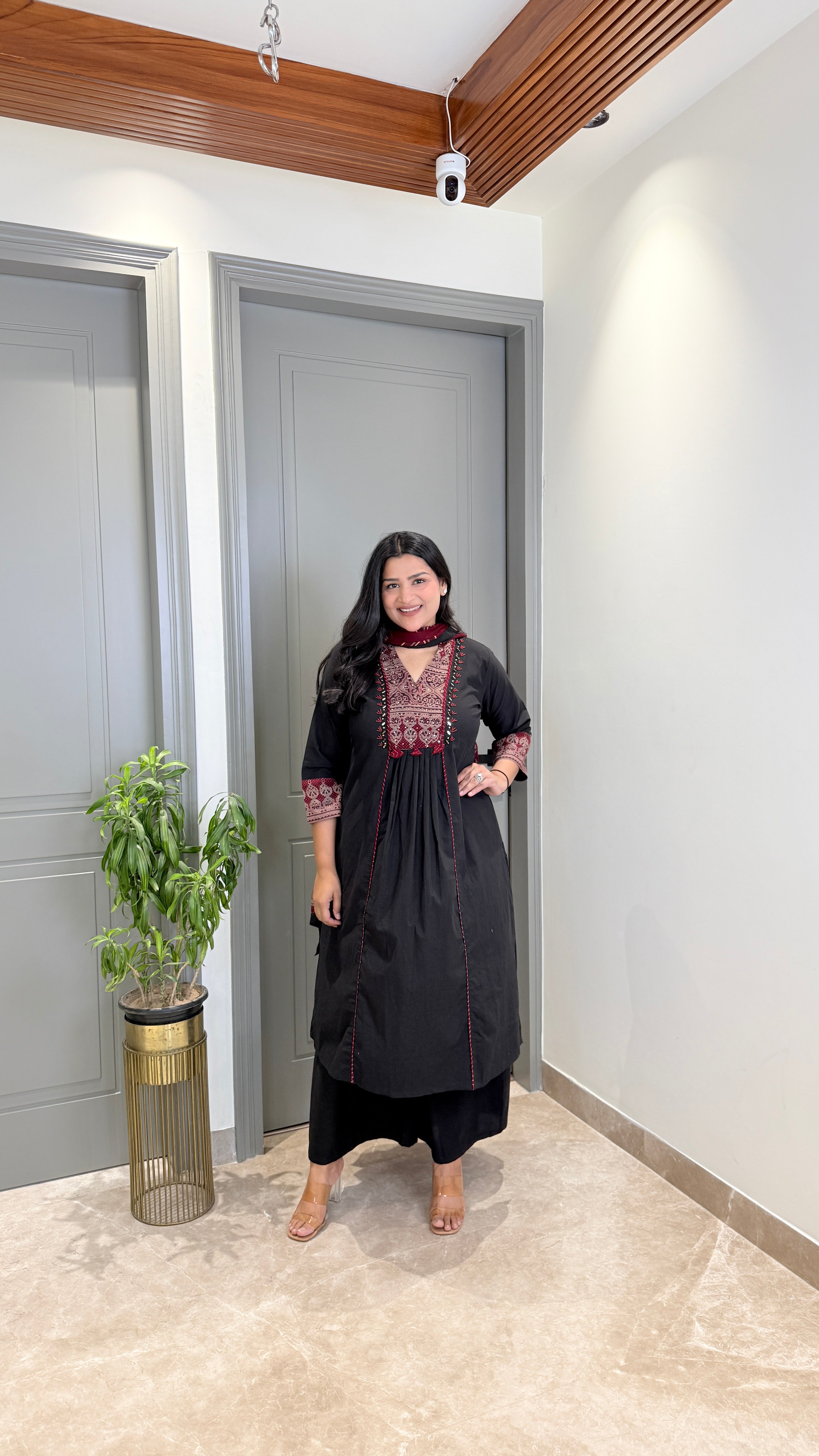 Black Kalamkari Staple Neck Suit Set shrisa.in