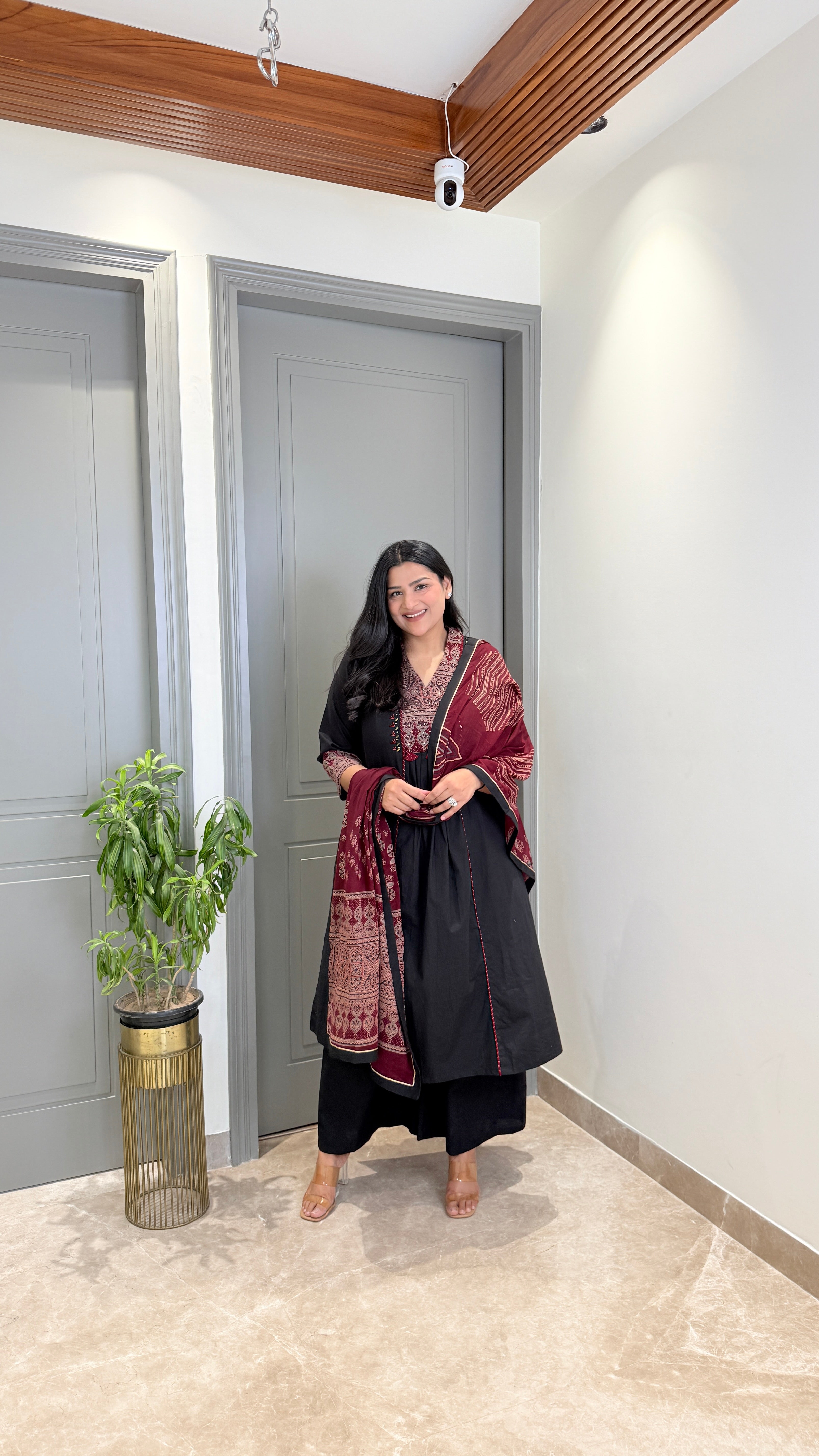 Black Kalamkari Staple Neck Suit Set shrisa.in