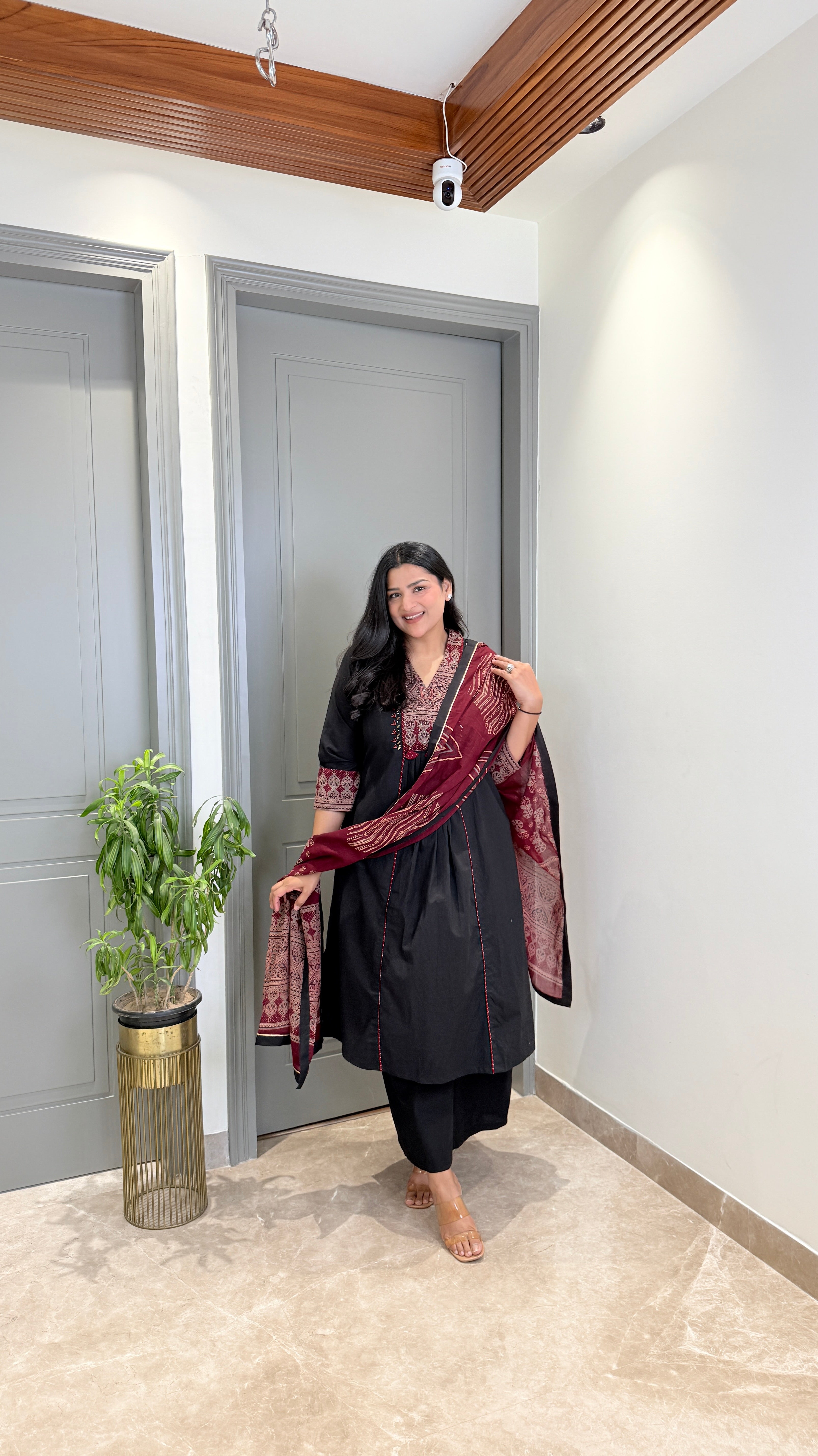 Black Kalamkari Staple Neck Suit Set shrisa.in