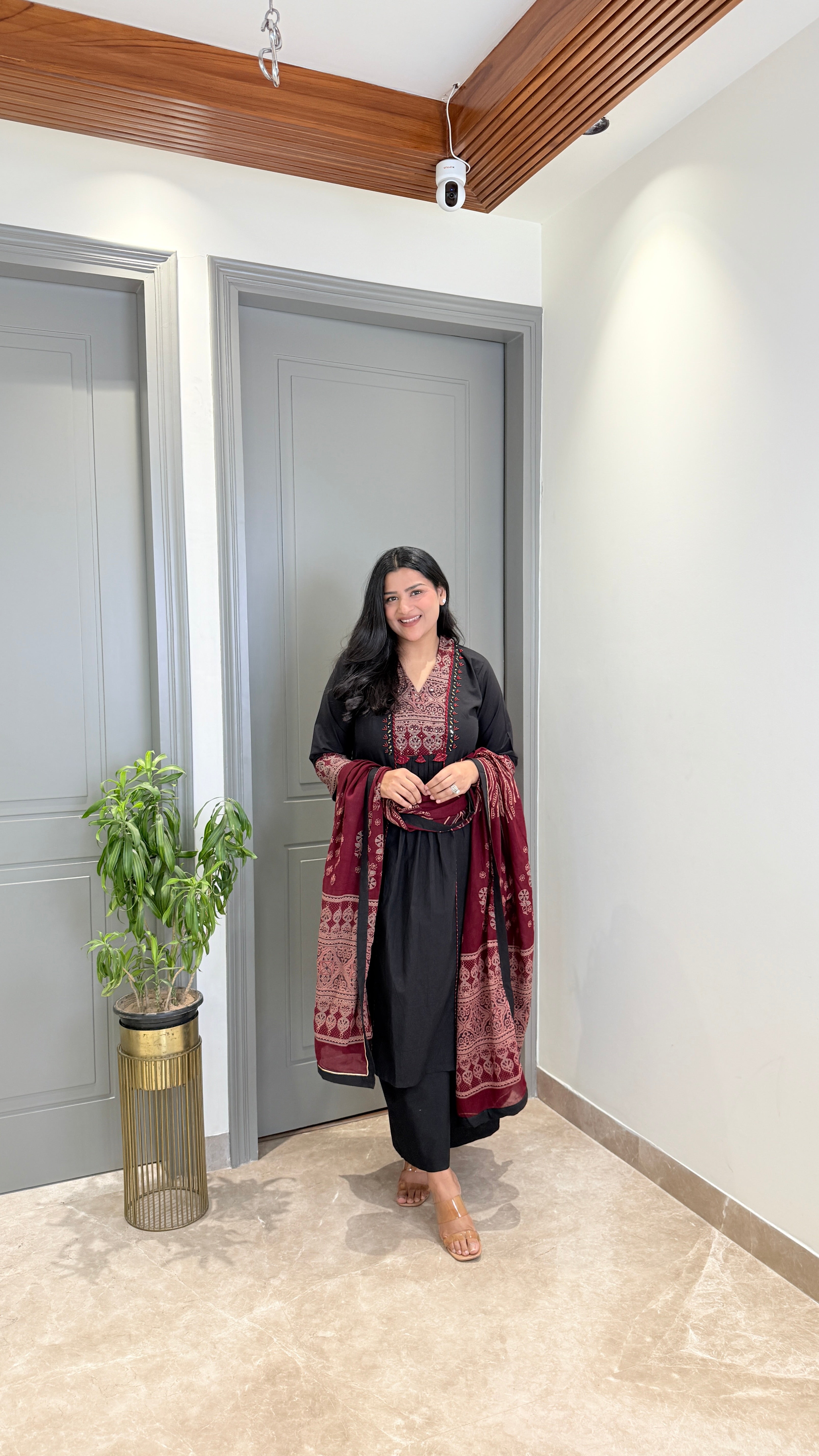 Black Kalamkari Staple Neck Suit Set shrisa.in