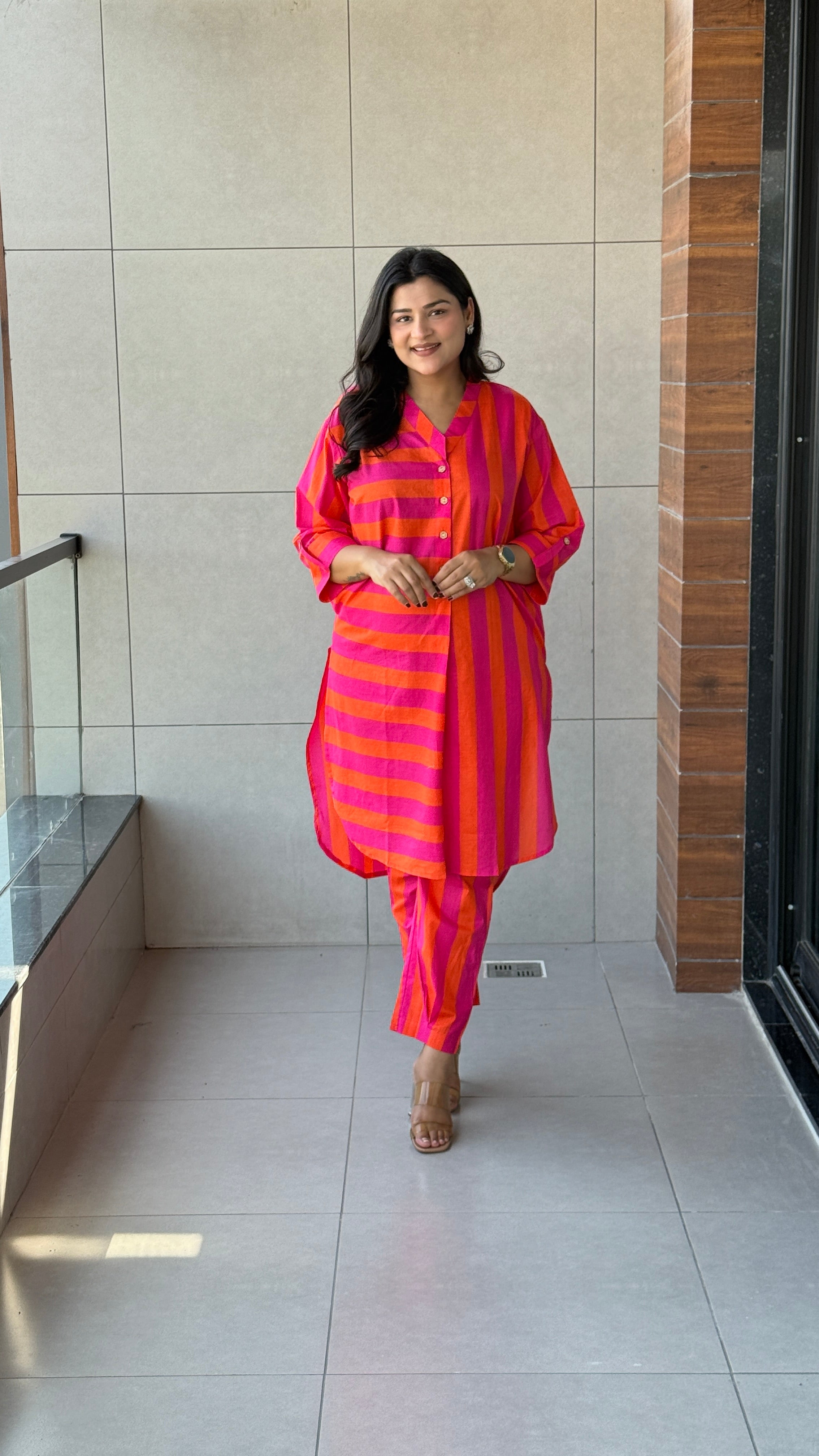 Pink Orange Pure Cotton Kurta Pants
