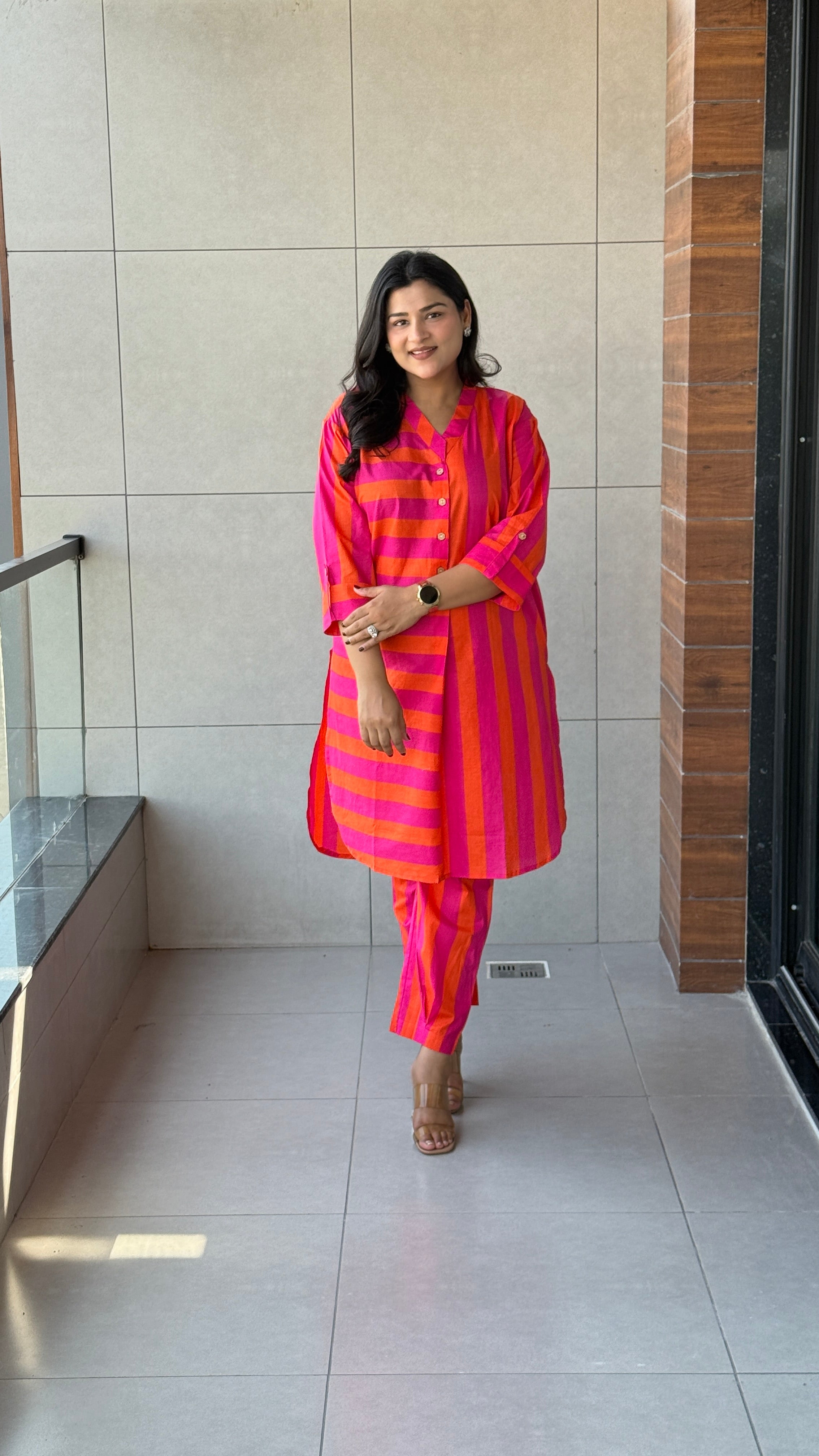 Pink Orange Pure Cotton Kurta Pants