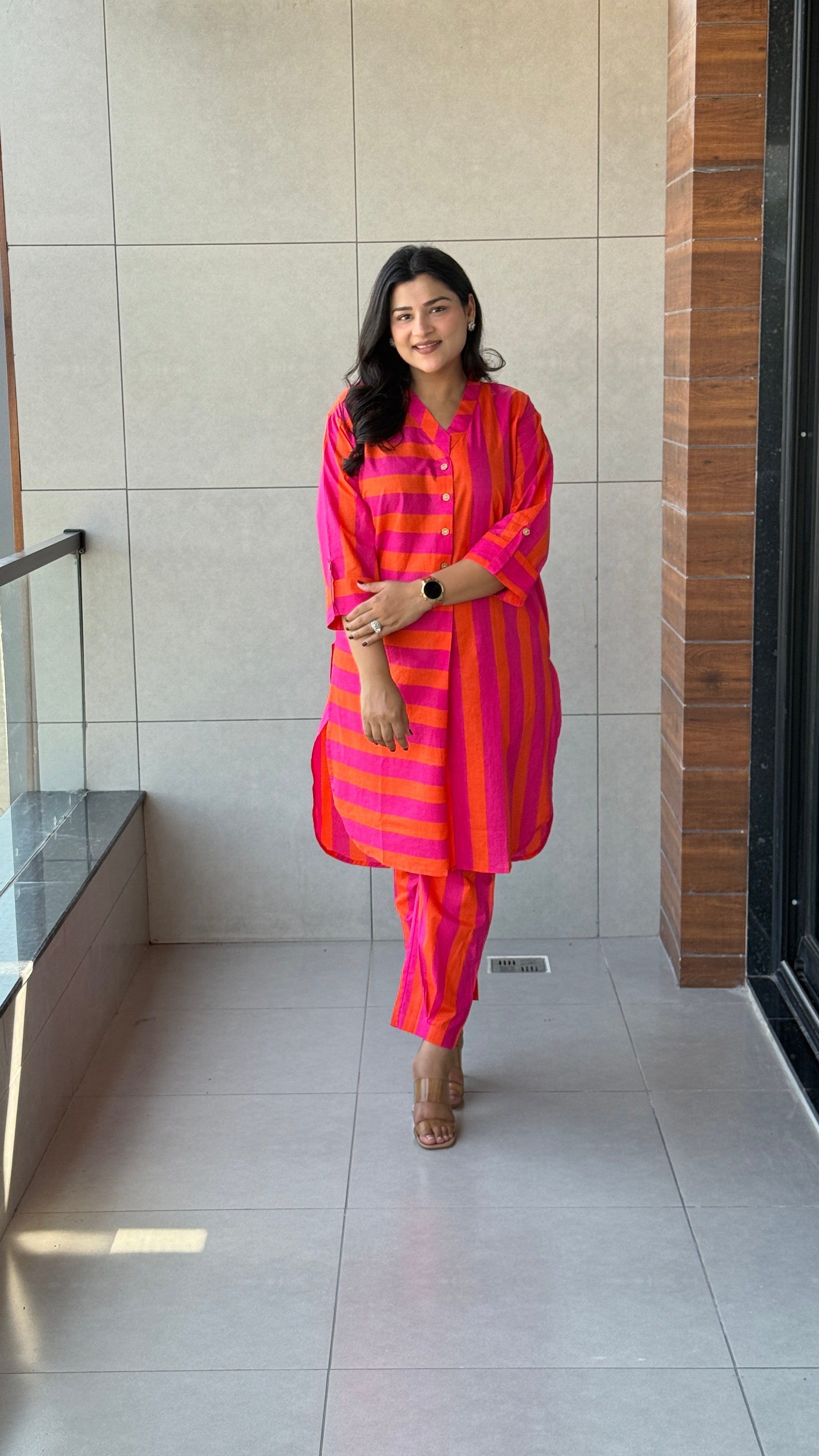 Pink Orange Pure Cotton Kurta Pants
