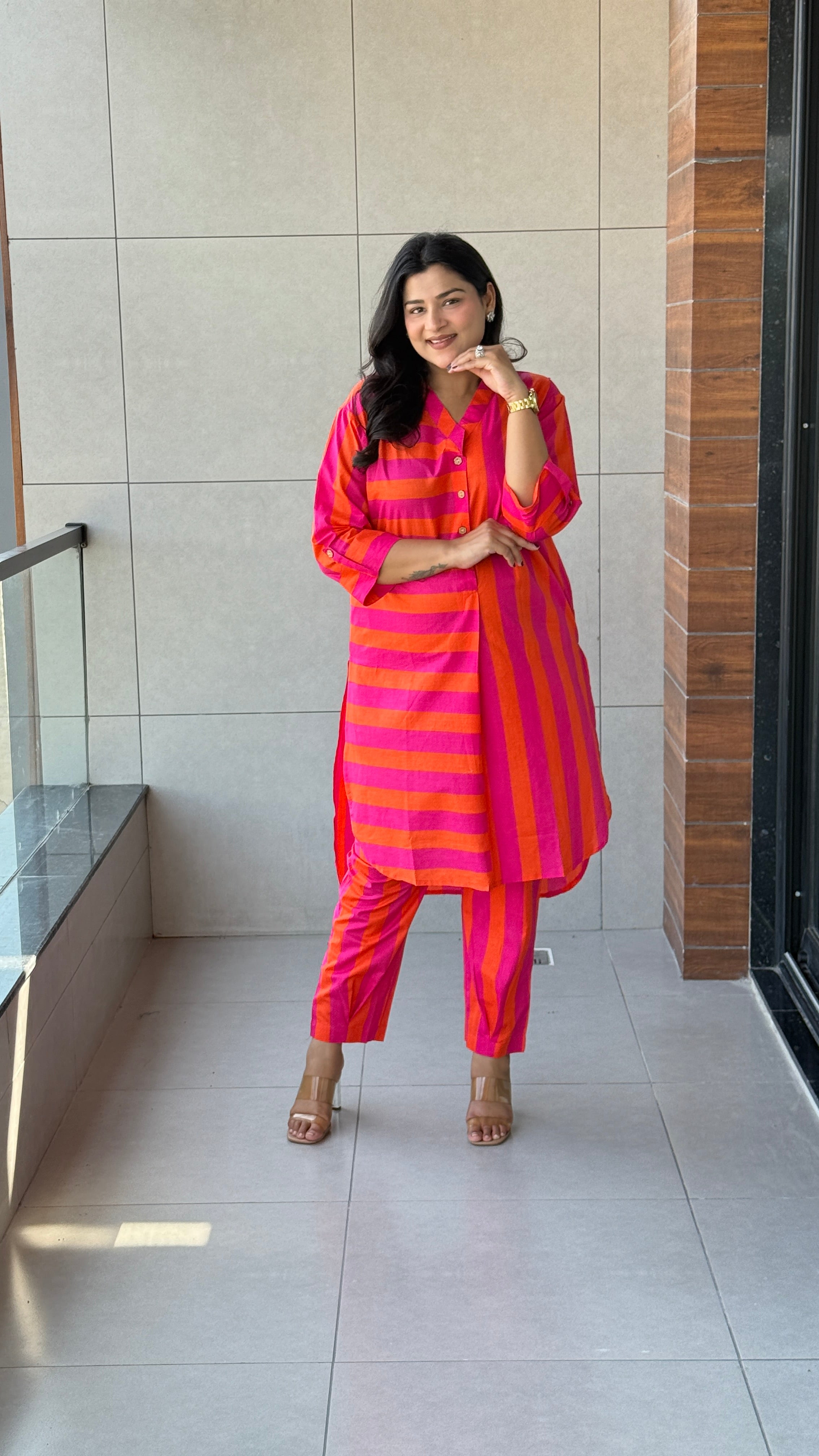 Pink Orange Pure Cotton Kurta Pants