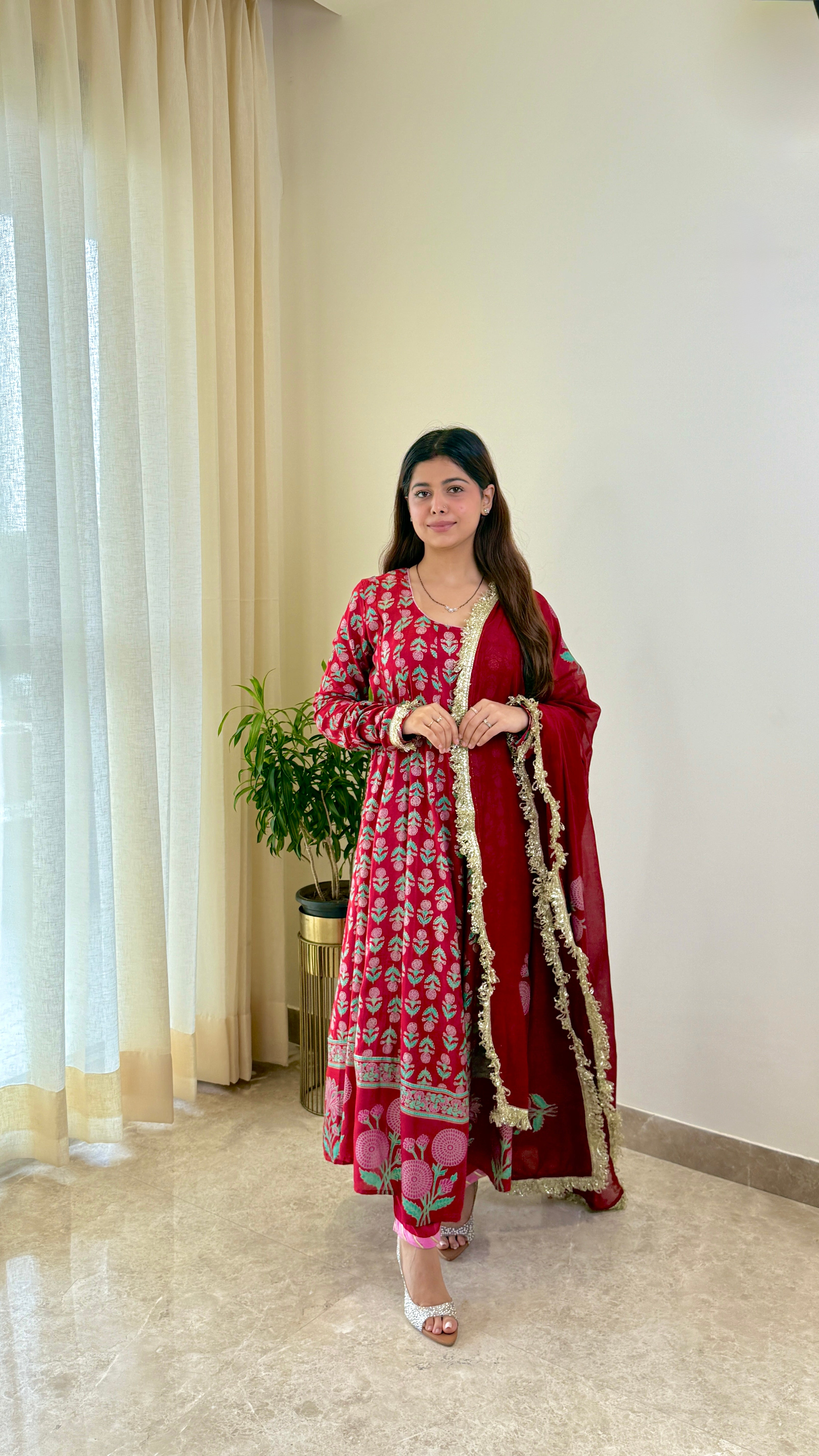 Red Block Print Mughal Print Pure Muslin Anarkali Suit Set