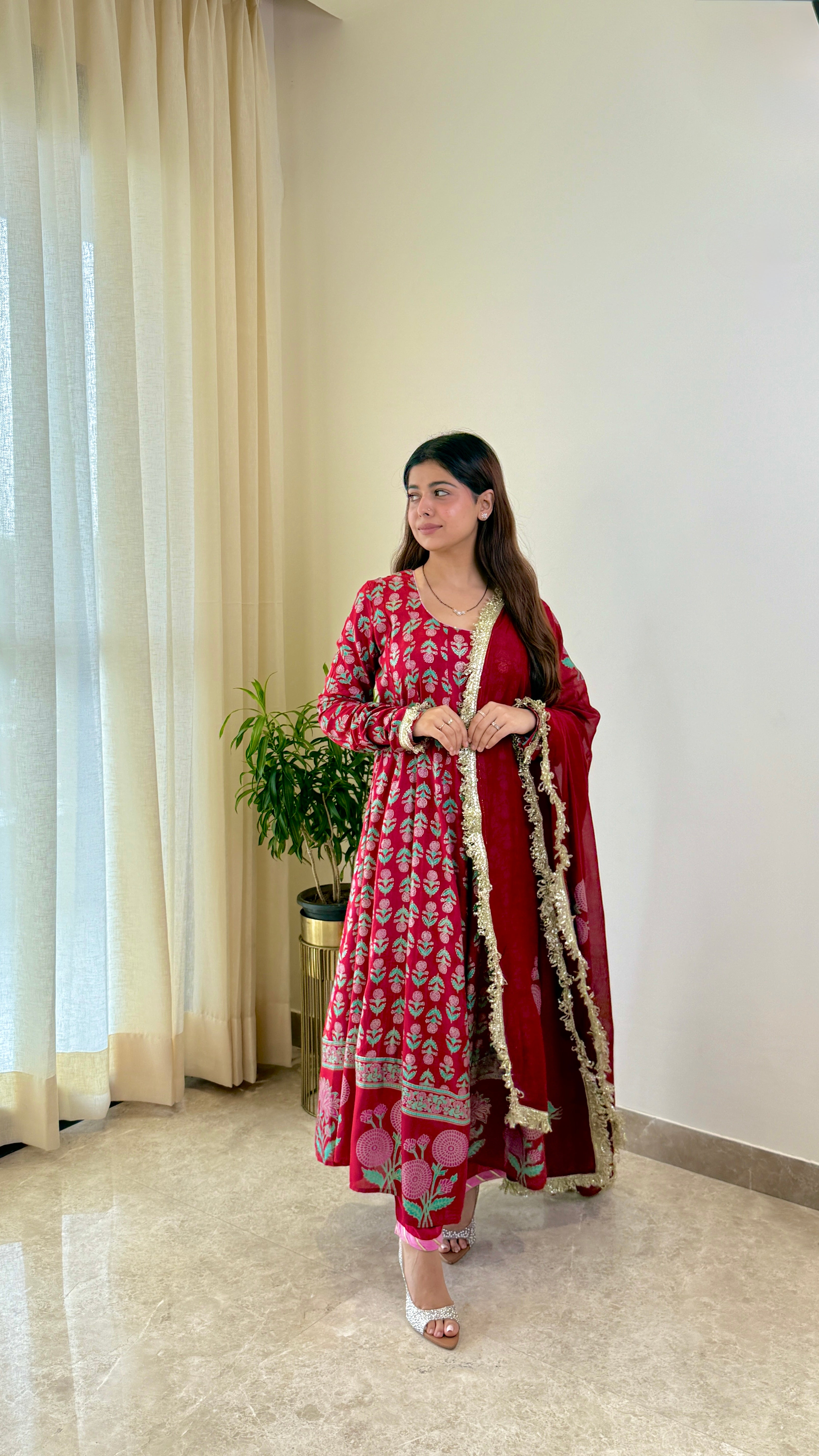 Red Block Print Mughal Print Pure Muslin Anarkali Suit Set
