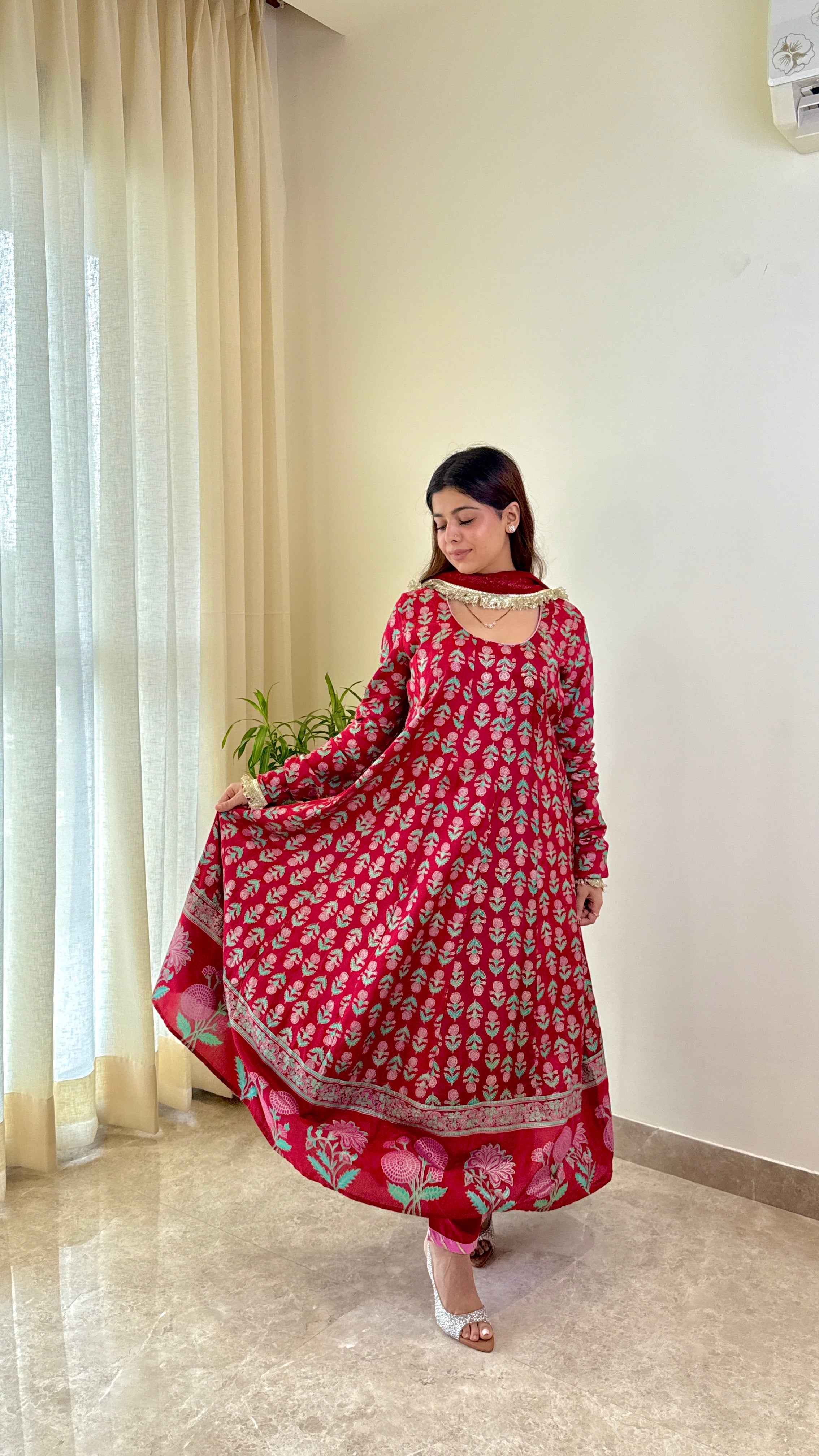 Red Block Print Mughal Print Pure Muslin Anarkali Suit Set