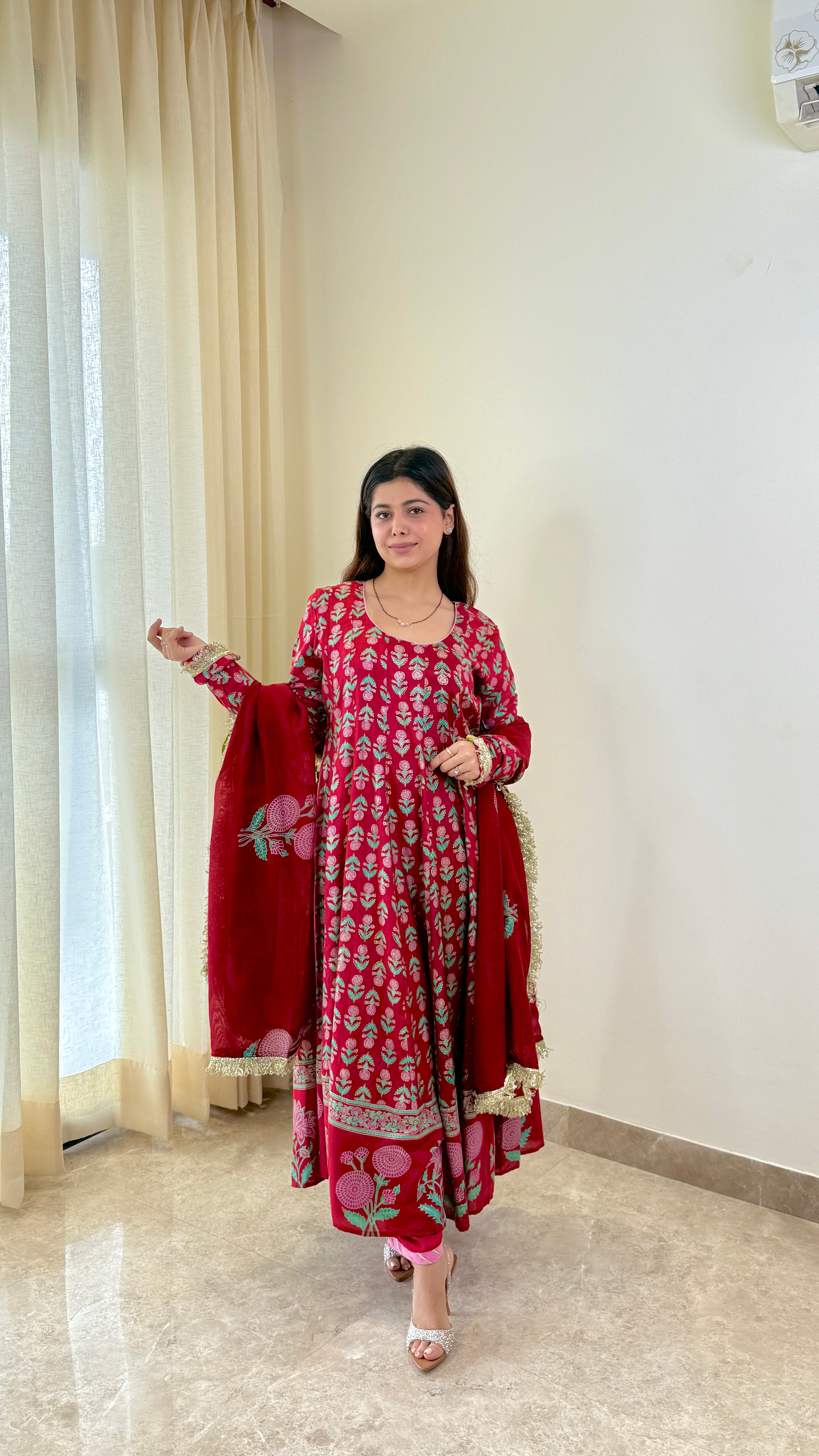 Red Block Print Mughal Print Pure Muslin Anarkali Suit Set