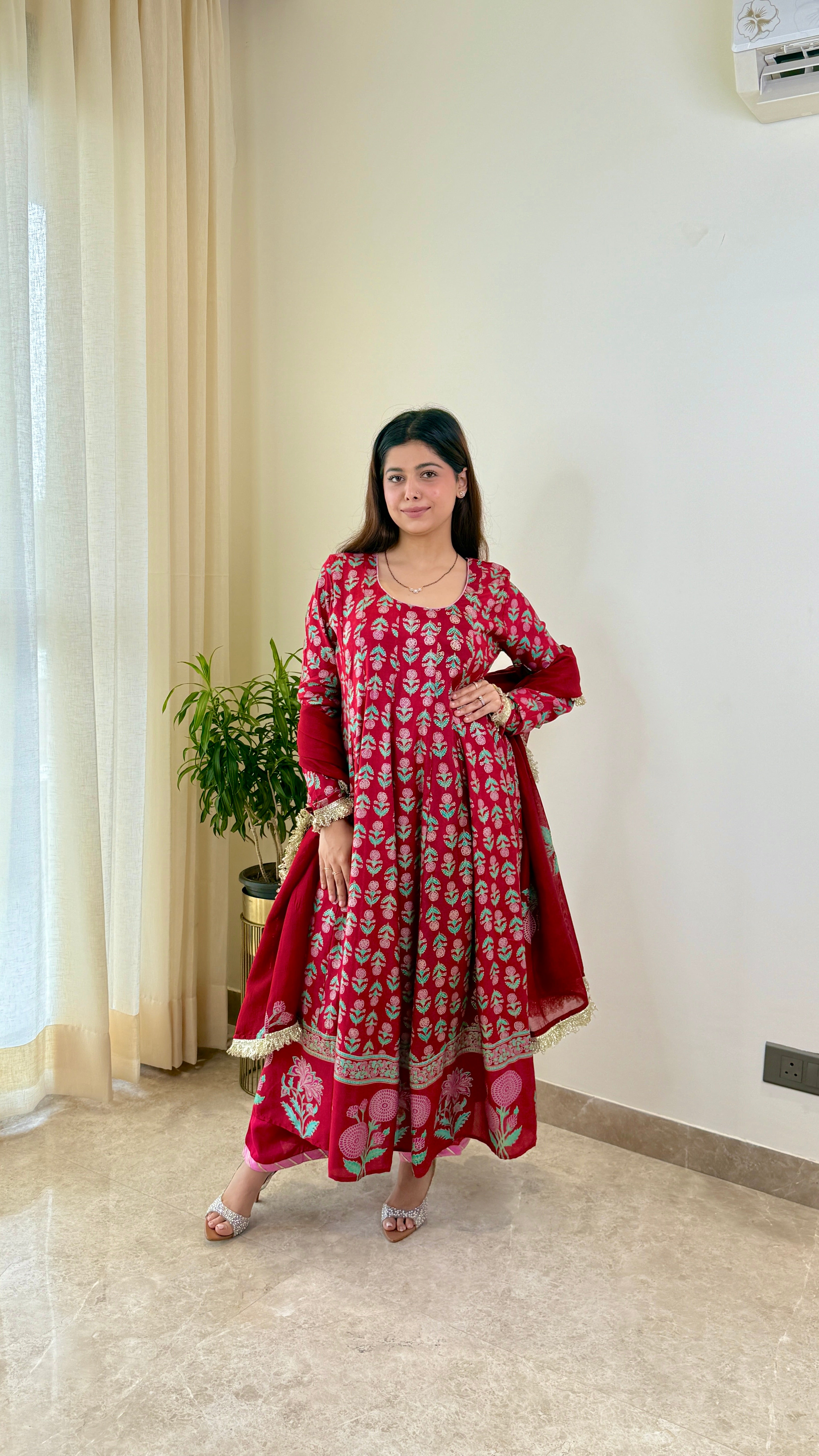 Red Block Print Mughal Print Pure Muslin Anarkali Suit Set