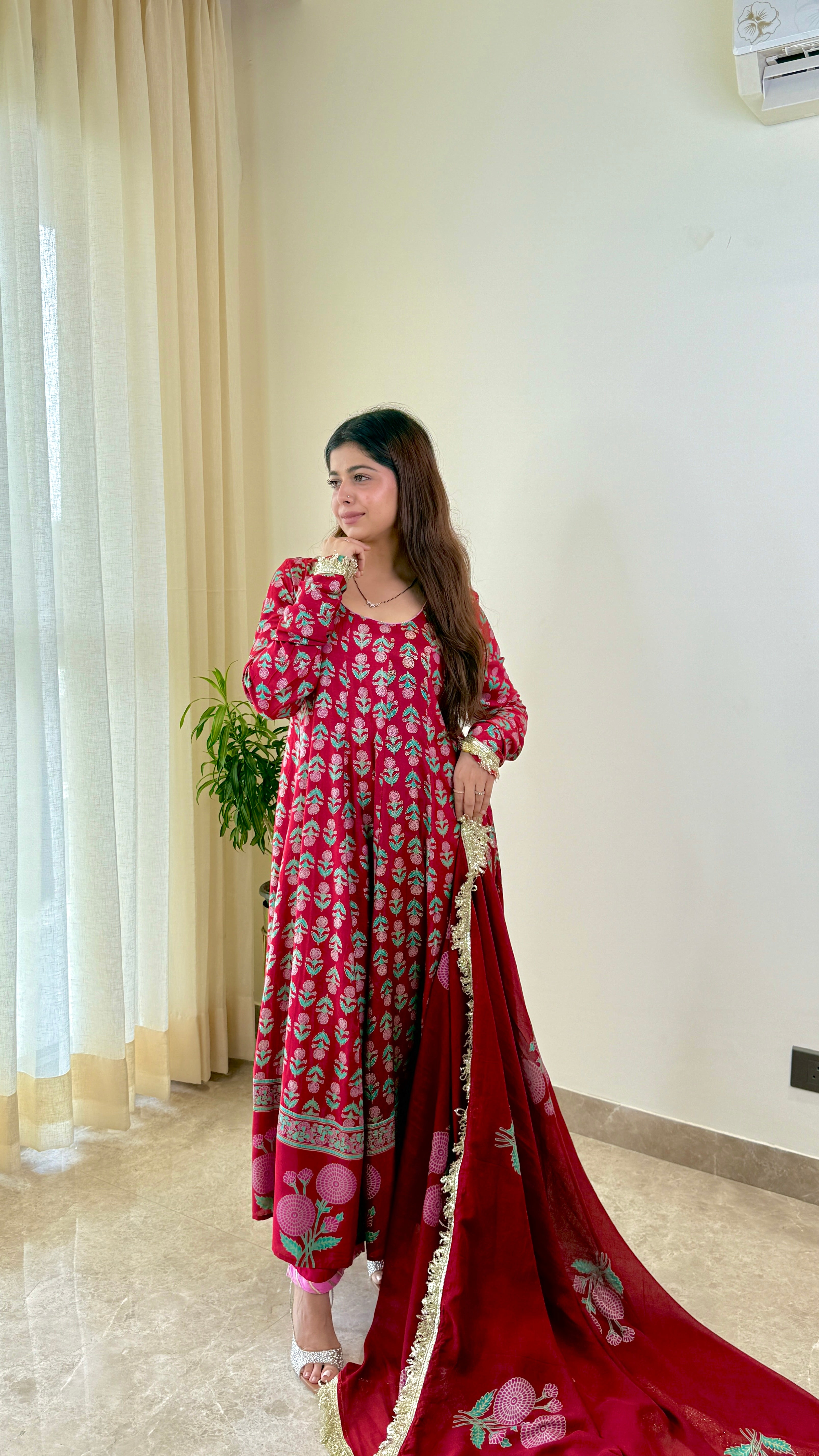 Red Block Print Mughal Print Pure Muslin Anarkali Suit Set