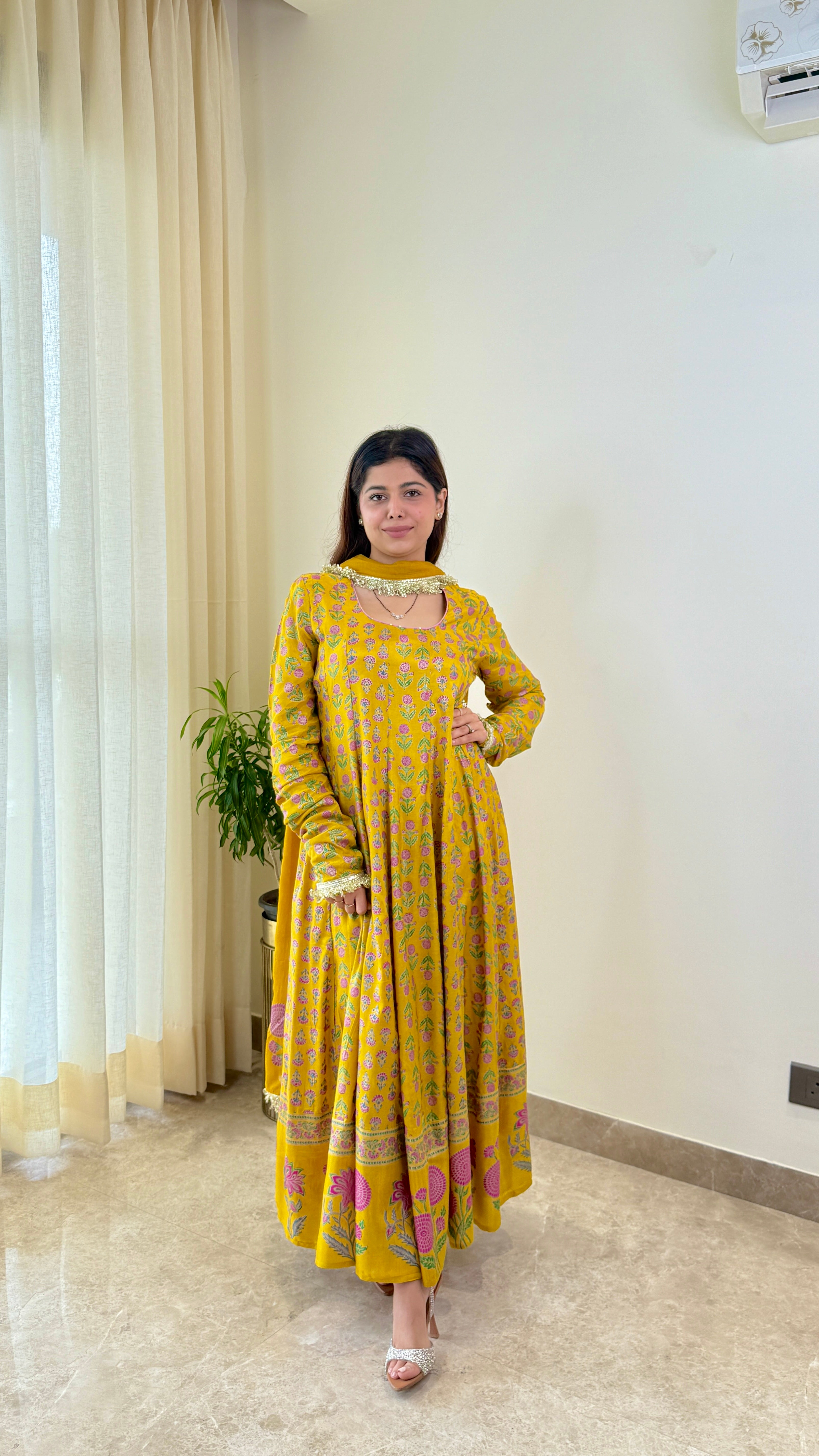 Yellow Block Print Mughal Pure Muslin Anarkali Suit Set