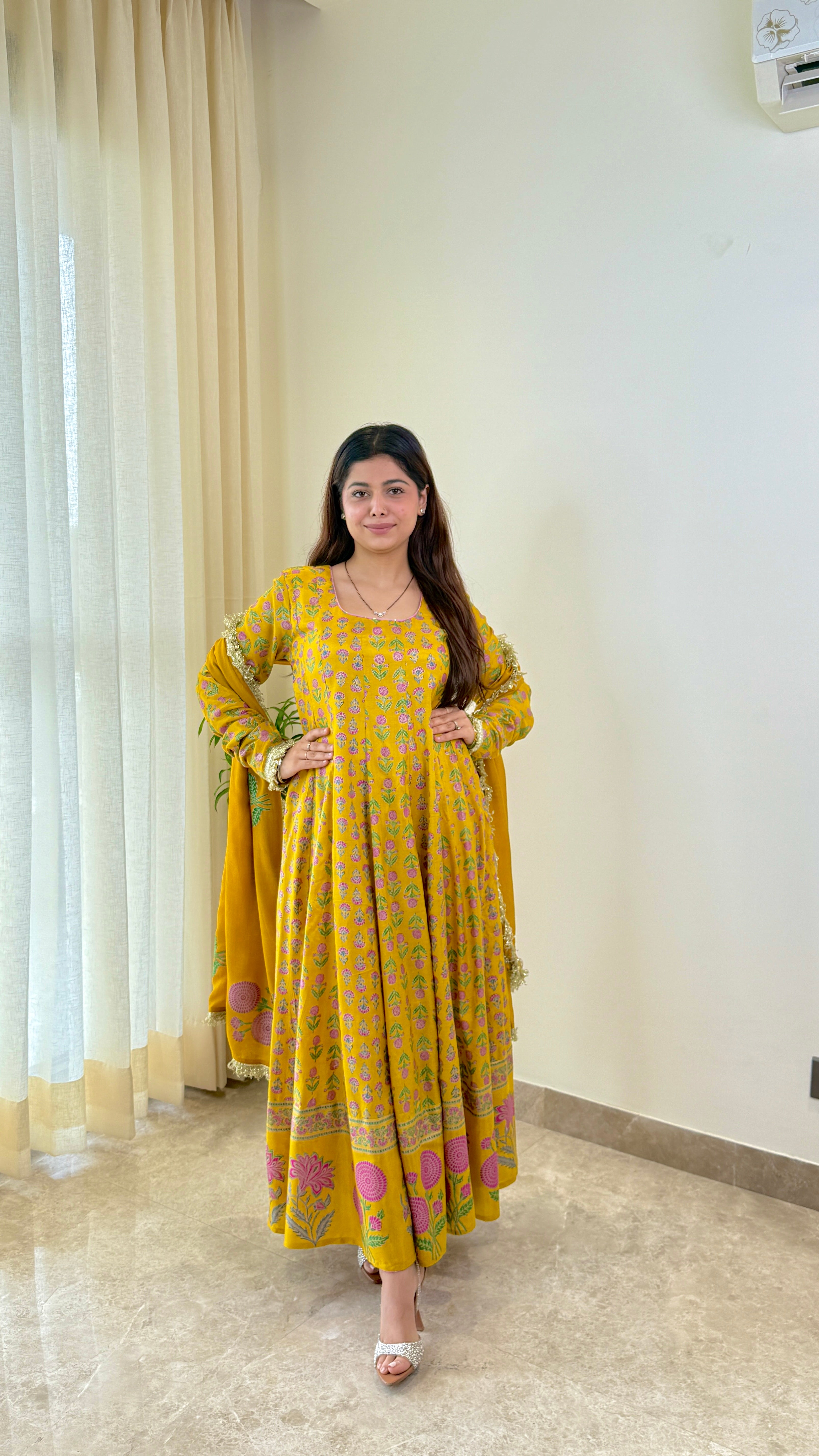 Yellow Block Print Mughal Pure Muslin Anarkali Suit Set