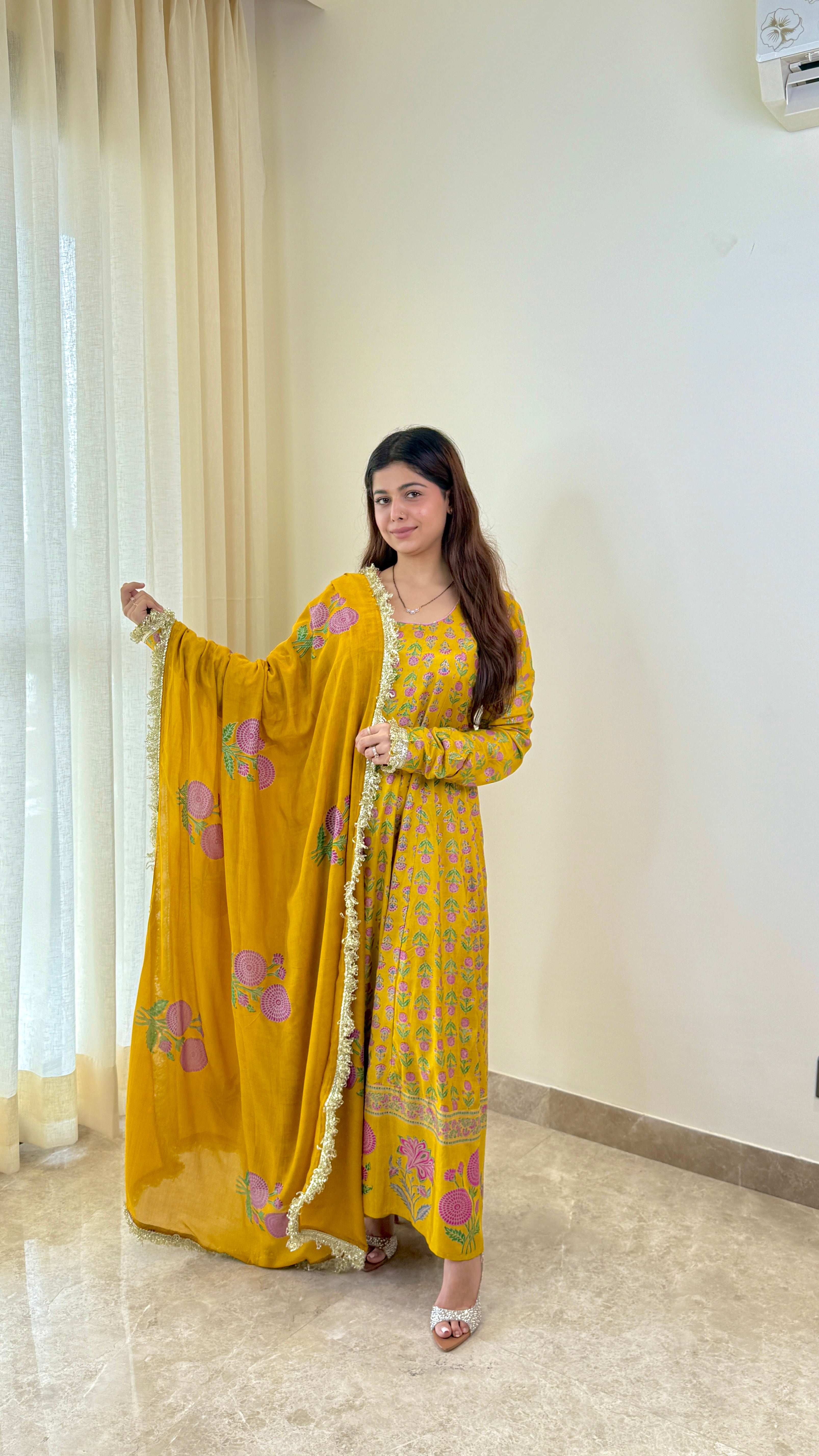 Yellow Block Print Mughal Pure Muslin Anarkali Suit Set