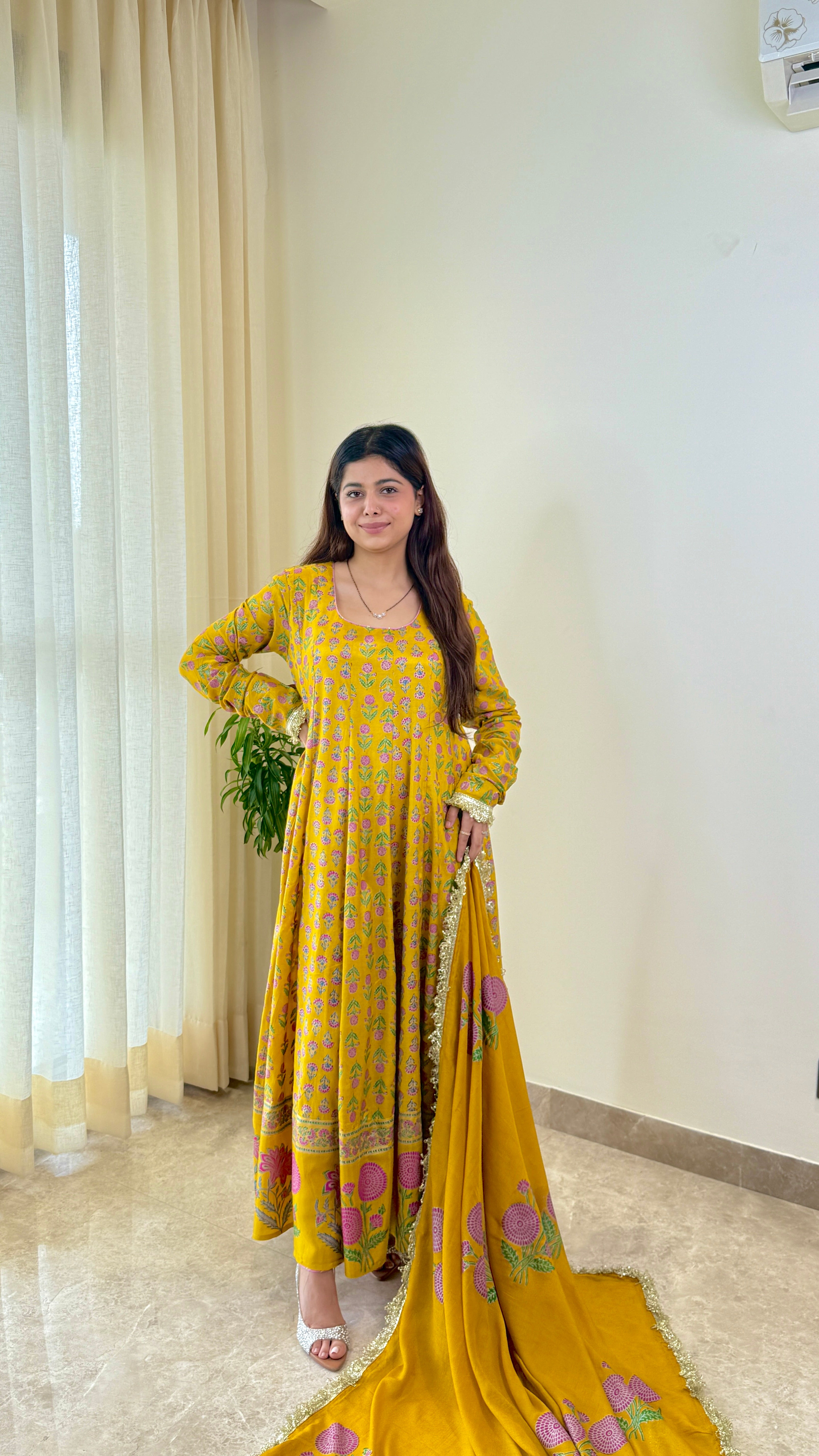 Yellow Block Print Mughal Pure Muslin Anarkali Suit Set