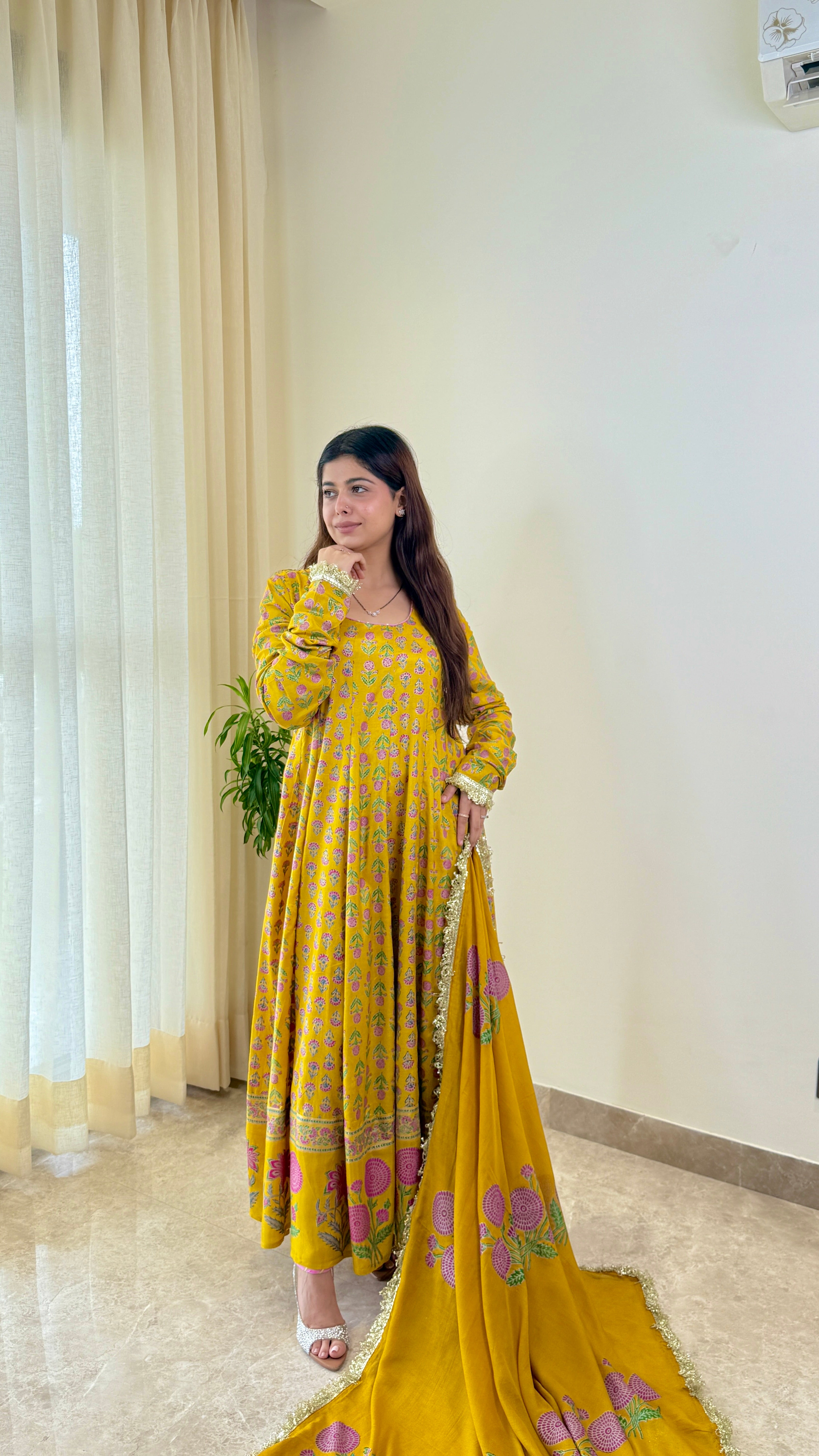 Yellow Block Print Mughal Pure Muslin Anarkali Suit Set