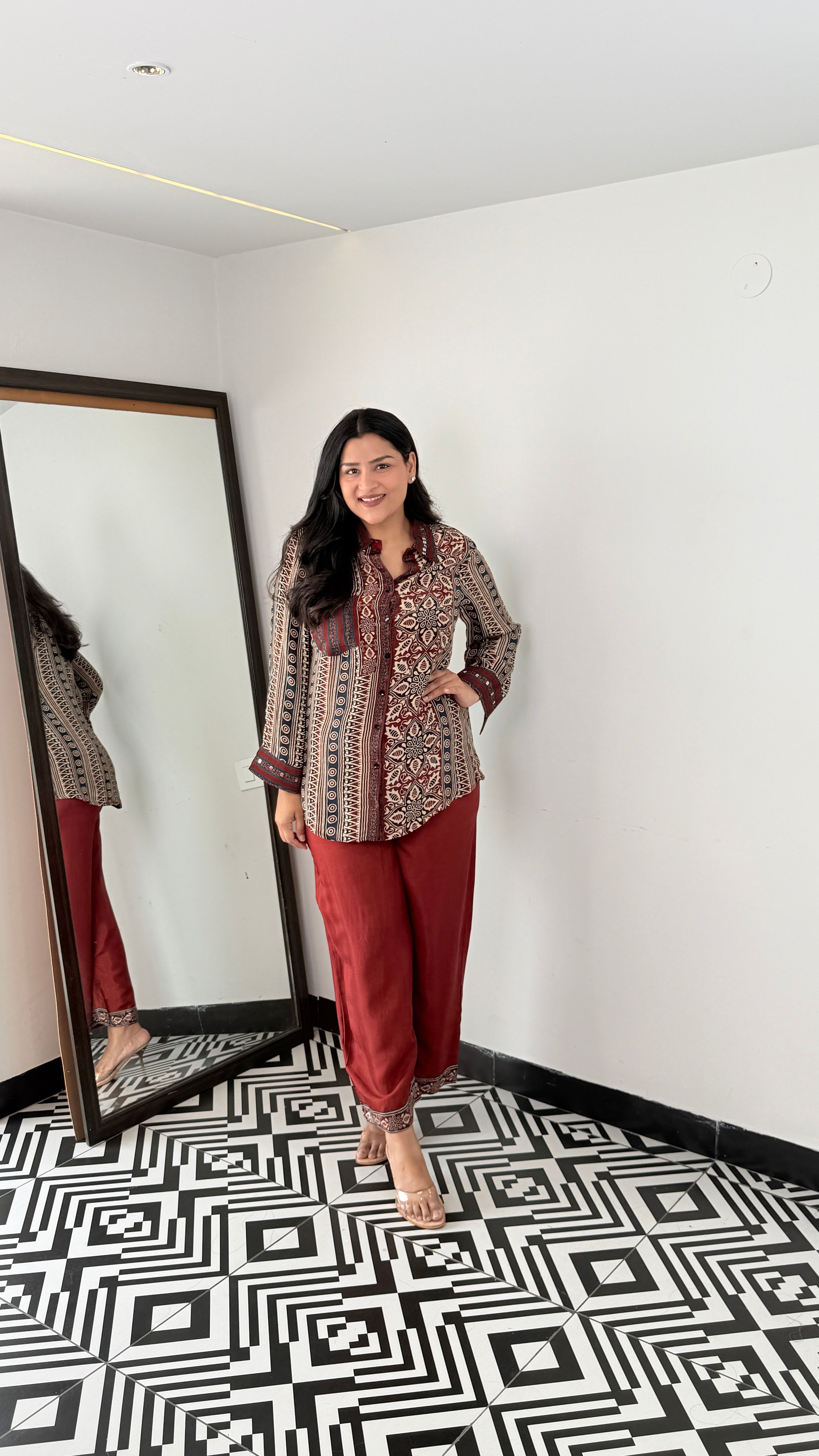 Maroon Ajrakh  Muslin Cord Set shrisa.in