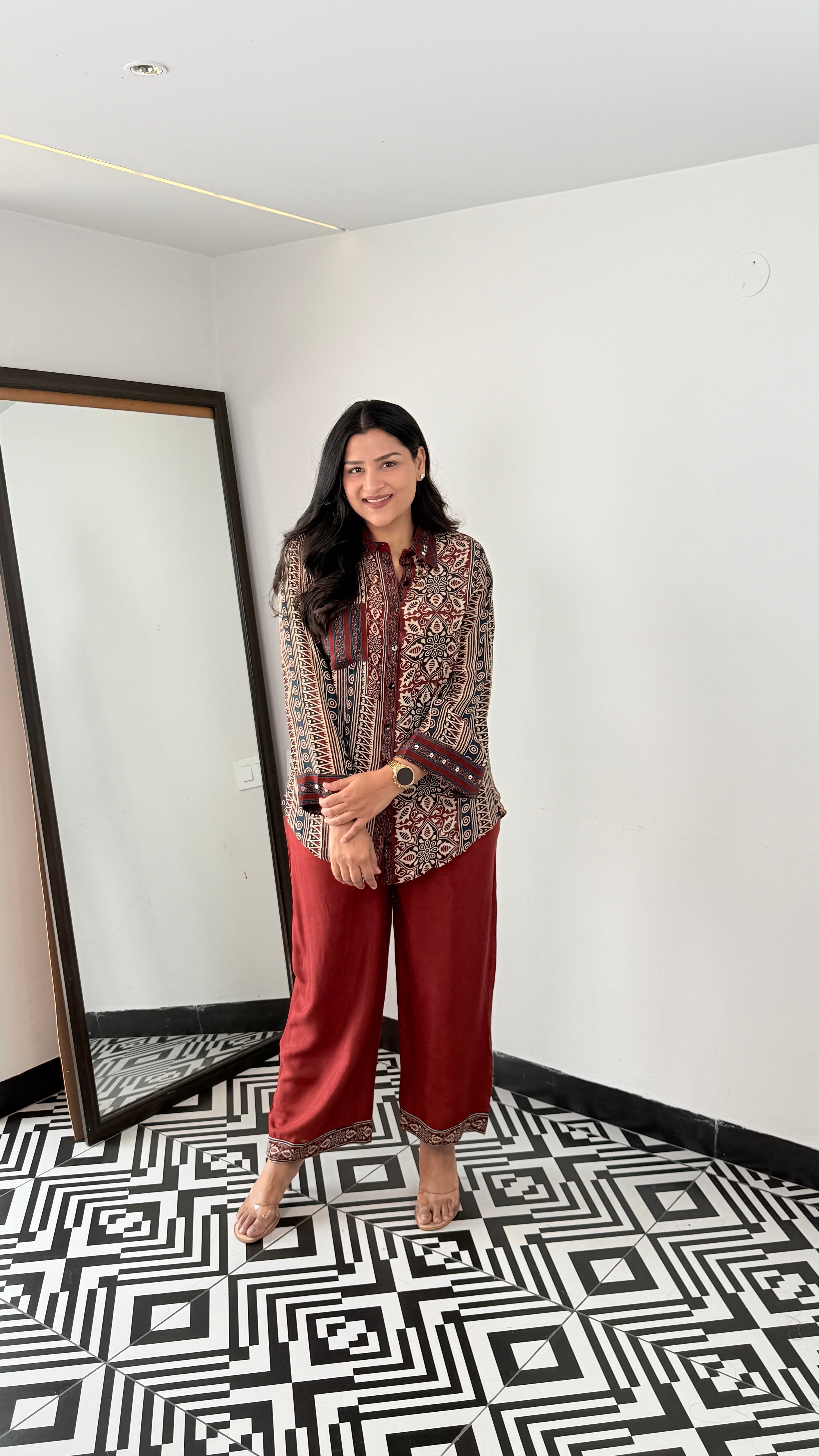 Maroon Ajrakh  Muslin Cord Set shrisa.in