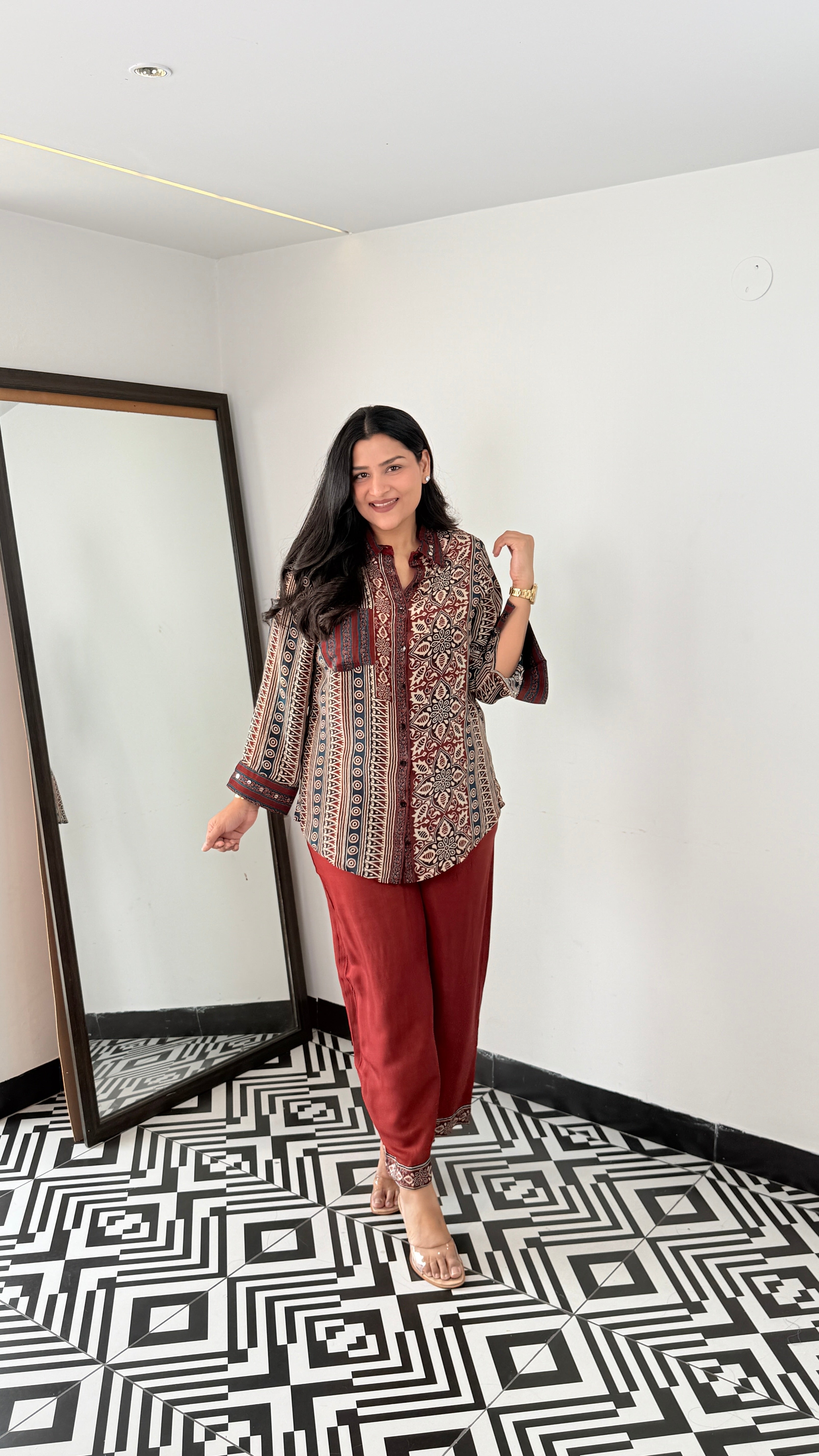 Maroon Ajrakh  Muslin Cord Set shrisa.in