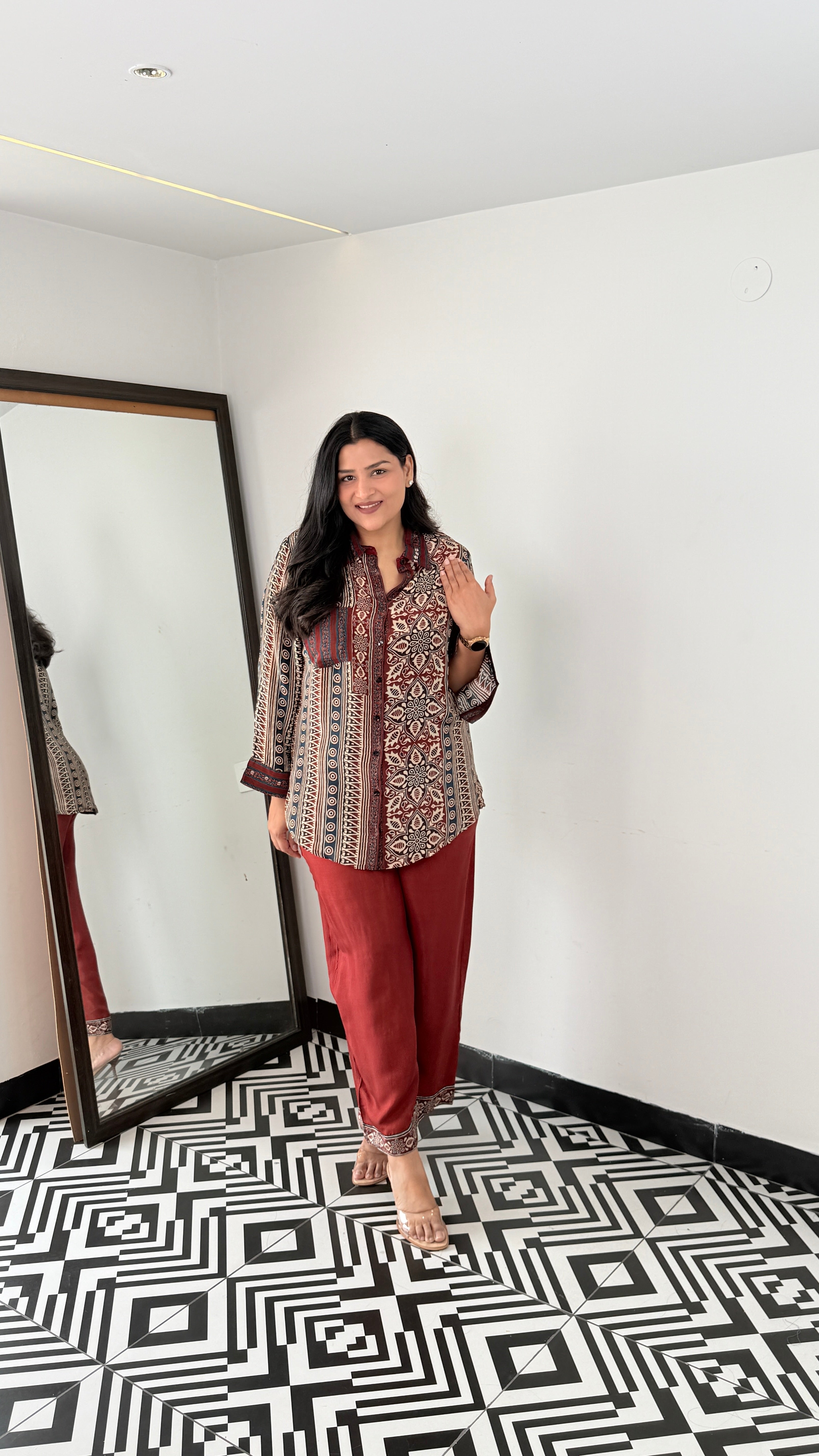 Maroon Ajrakh  Muslin Cord Set shrisa.in