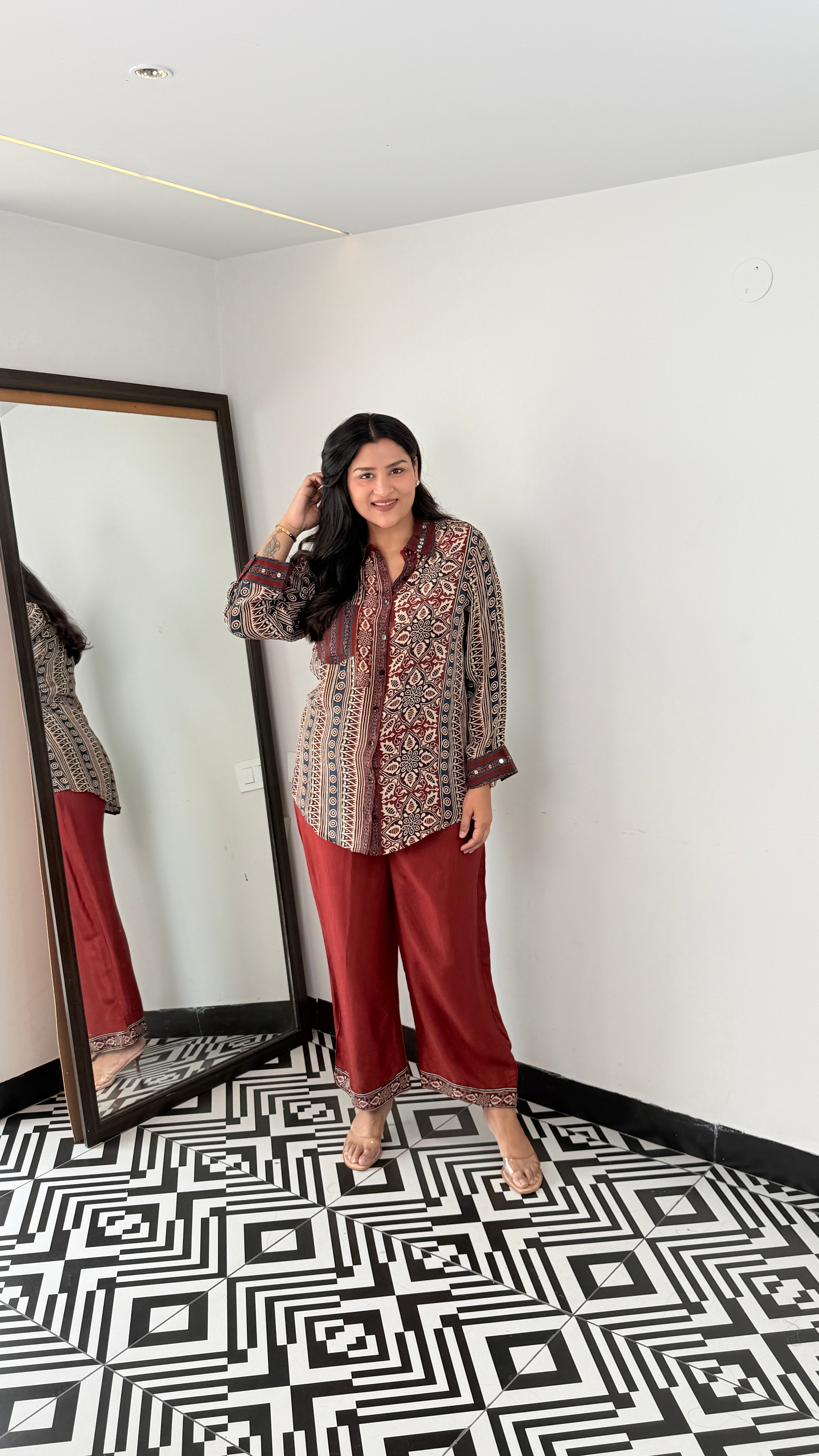 Maroon Ajrakh  Muslin Cord Set shrisa.in