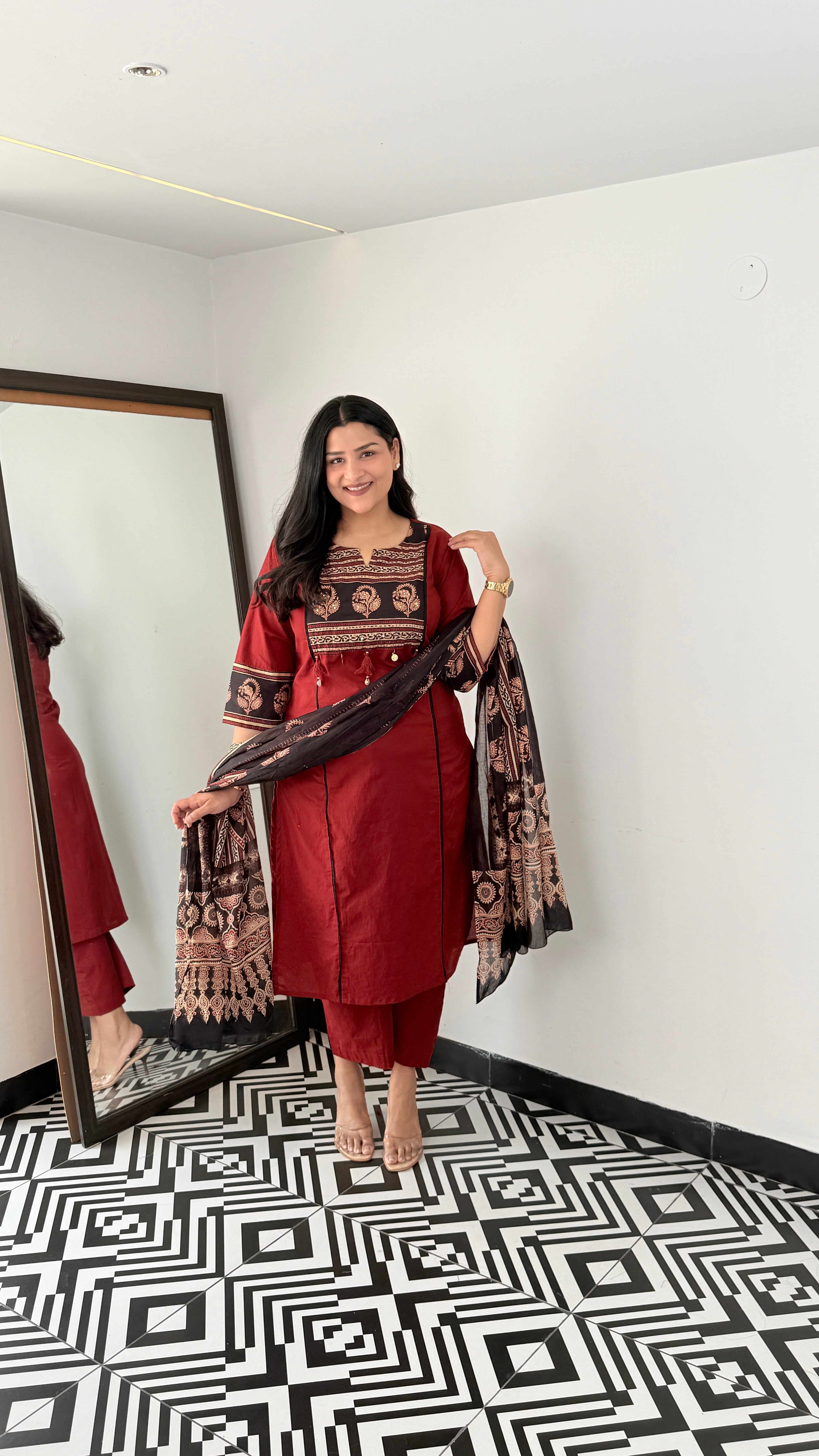 Ajrakh Maroon Pure Cotton Suit Set shrisa.in